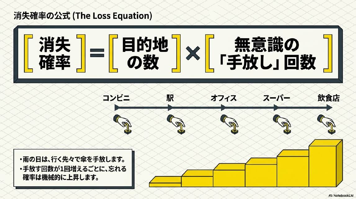 消失確率の公式（The Loss Equation）。消失確率＝目的地の数×無意識の手放し回数。コンビニ→駅→オフィス→スーパー→飲食店と行くたびに手放す回数が増え消失確率が機械的に上昇します。雨の日は行く先々で傘を手放す。手放す回数が1回増えるごとに忘れる確率は機械的に上昇します。