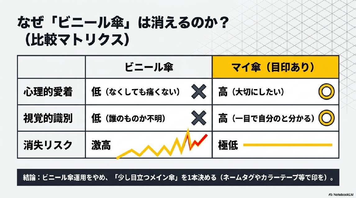 なぜビニール傘は消えるのか比較マトリクス。ビニール傘：心理的愛着・低（なくしても痛くない）・視覚的識別・低（誰のものか不明）・消失リスク・激高。マイ傘（目印あり）：心理的愛着・高（大切にしたい）・視覚的識別・高（一目で自分のと分かる）・消失リスク・極低。結論：ビニール傘運用をやめ少し目立つメイン傘を1本決める（ネームタグやカラーテープ等で印を）。