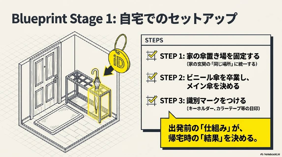 Blueprint Stage1：自宅でのセットアップ。STEP1：家の傘置き場を固定する（家の玄関の同じ場所に統一する）。STEP2：ビニール傘を卒業しメイン傘を決める。STEP3：識別マークをつける（キーホルダー・カラーテープ等の目印）。出発前の仕組みが帰宅時の結果を決める。