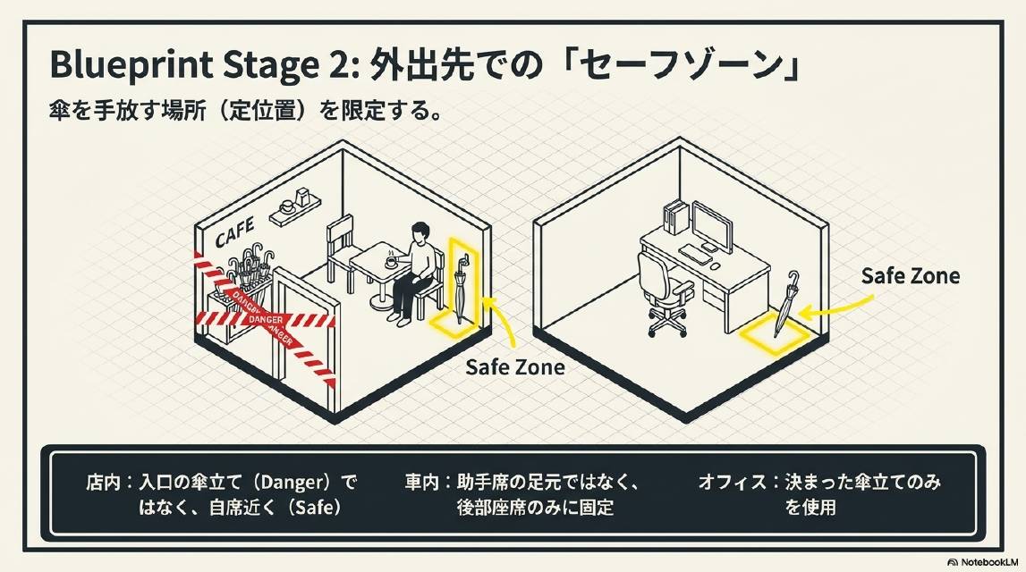 Blueprint Stage2：外出先でのセーフゾーン。傘を手放す場所（定位置）を限定する。店内：入口の傘立て（Danger）ではなく自席近く（Safe Zone）。オフィス：決まった傘立てのみを使用（Safe Zone）。店内：入口の傘立て（Danger）ではなく自席近く。車内：助手席の足元ではなく後部座席のみに固定。オフィス：決まった傘立てのみを使用。