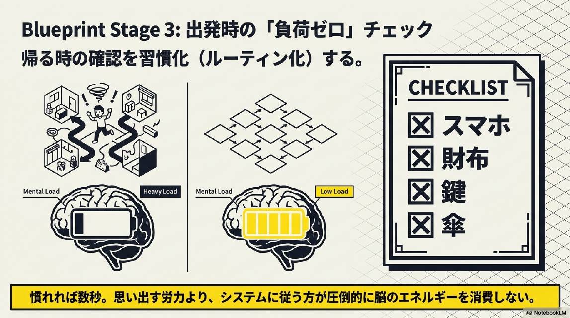 Blueprint Stage3：出発時の負荷ゼロチェック。帰る時の確認を習慣化（ルーティン化）する。Mental Load Heavy（混乱状態）からMental Load Low（整理状態）へ。チェックリスト：スマホ・財布・鍵・傘。慣れれば数秒。思い出す労力より、システムに従う方が圧倒的に脳のエネルギーを消費しない。
