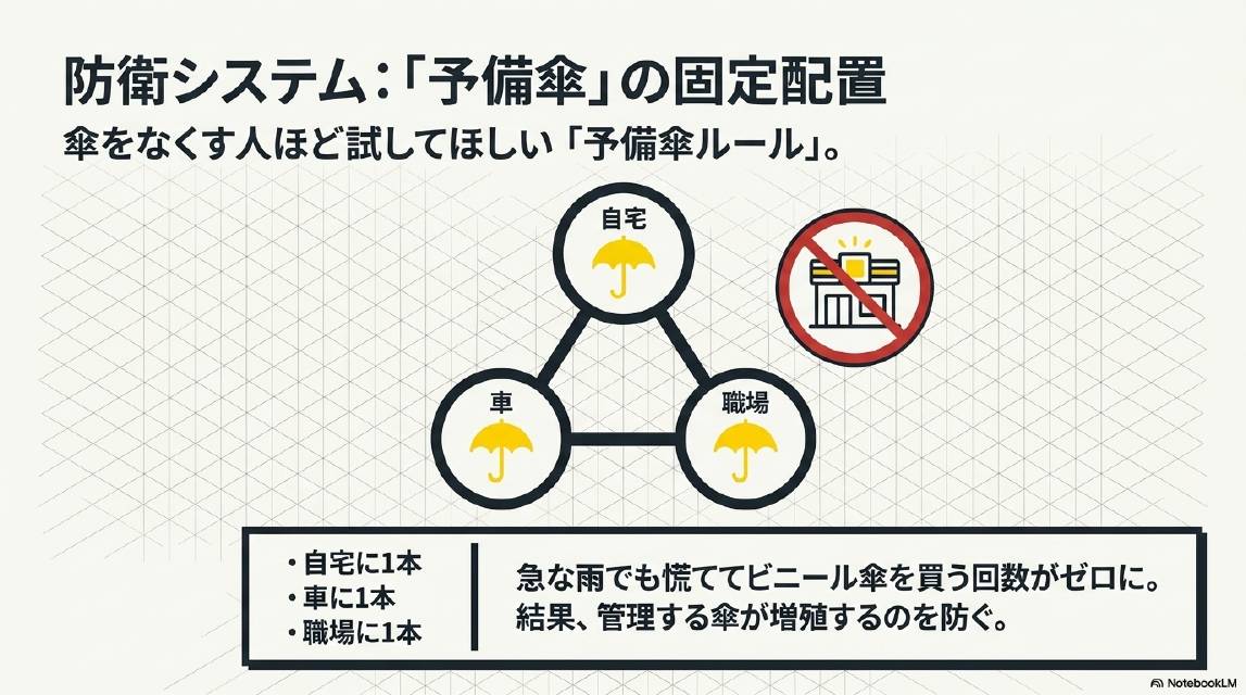防衛システム：予備傘の固定配置。傘をなくす人ほど試してほしい予備傘ルール。自宅に1本・車に1本・職場に1本。急な雨でも慌ててビニール傘を買う回数がゼロに。結果、管理する傘が増殖するのを防ぐ。コンビニ（禁止マーク）。