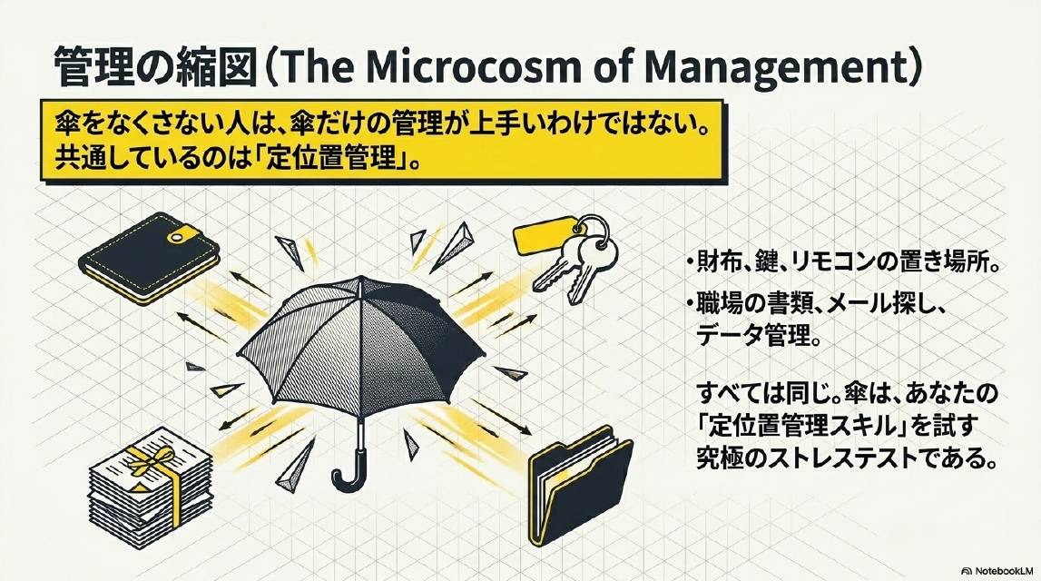 管理の縮図（The Microcosm of Management）。傘をなくさない人は傘だけの管理が上手いわけではない。共通しているのは定位置管理。財布・鍵・リモコンの置き場所。職場の書類・メール探し・データ管理。すべては同じ。傘はあなたの定位置管理スキルを試す究極のストレステストである。