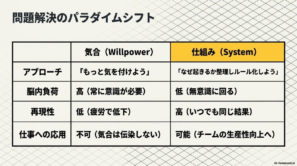 問題解決のパラダイムシフト。気合（Willpower）：アプローチはもっと気を付けよう・脳内負荷は高（常に意識が必要）・再現性は低（疲労で低下）・仕事への応用は不可（気合は伝染しない）。仕組み（System）：アプローチはなぜ起きるか整理しルール化しよう・脳内負荷は低（無意識に回る）・再現性は高（いつでも同じ結果）・仕事への応用は可能（チームの生産性向上へ）。