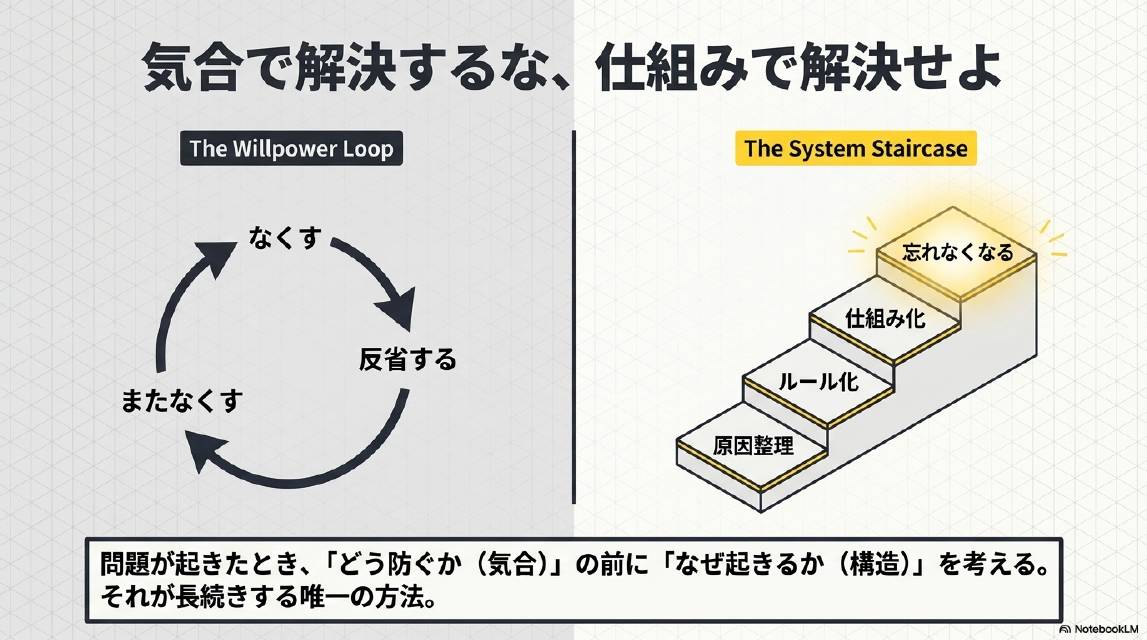 気合で解決するな仕組みで解決せよ。The Willpower Loop：なくす→反省する→またなくすの無限ループ。The System Staircase：原因整理→ルール化→仕組み化→忘れなくなる階段。問題が起きたとき、どう防ぐか（気合）の前になぜ起きるか（構造）を考える。それが長続きする唯一の方法。