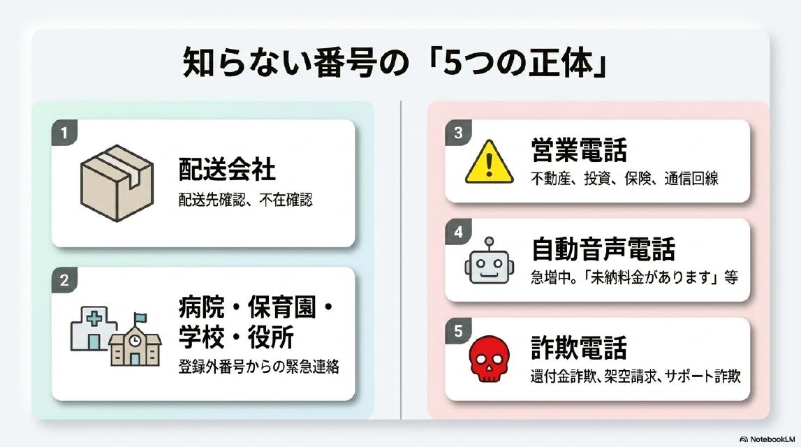 知らない番号の「5つの正体」。1配送会社（配送先確認・不在確認）、2病院・保育園・学校・役所（登録外番号からの緊急連絡）、3営業電話（不動産・投資・保険・通信回線）、4自動音声電話（急増中。「未納料金があります」等）、5詐欺電話（還付金詐欺・架空請求・サポート詐欺）