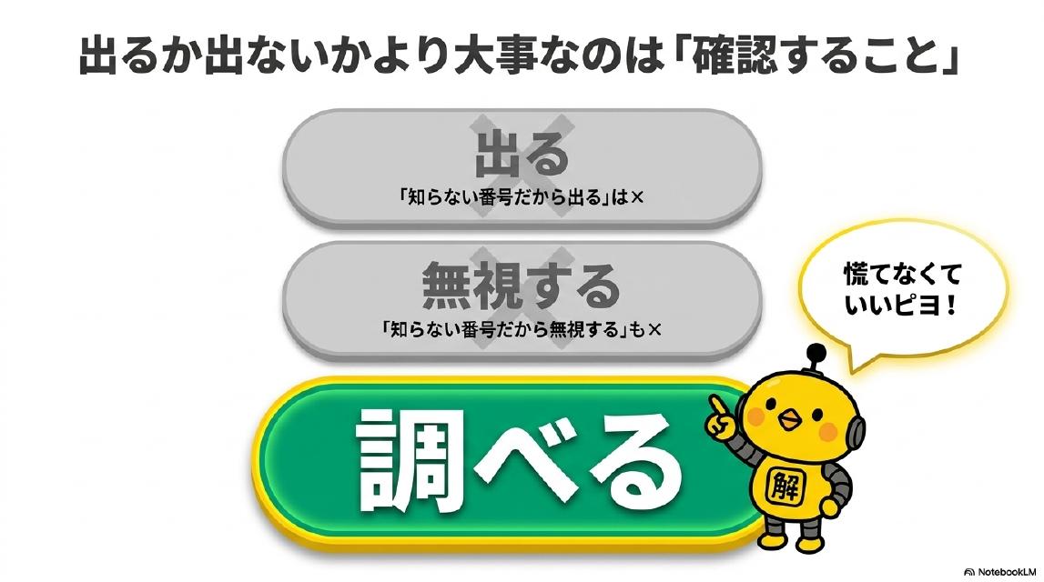 出るか出ないかより大事なのは「確認すること」。「知らない番号だから出る」はバツ。「知らない番号だから無視する」もバツ。正解は「調べる」。カイピヨくん：慌てなくていいピヨ！