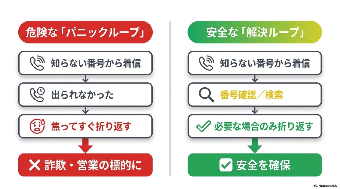 危険な「パニックループ」：知らない番号から着信→出られなかった→焦ってすぐ折り返す→詐欺・営業の標的に。安全な「解決ループ」：知らない番号から着信→番号確認・検索→必要な場合のみ折り返す→安全を確保。