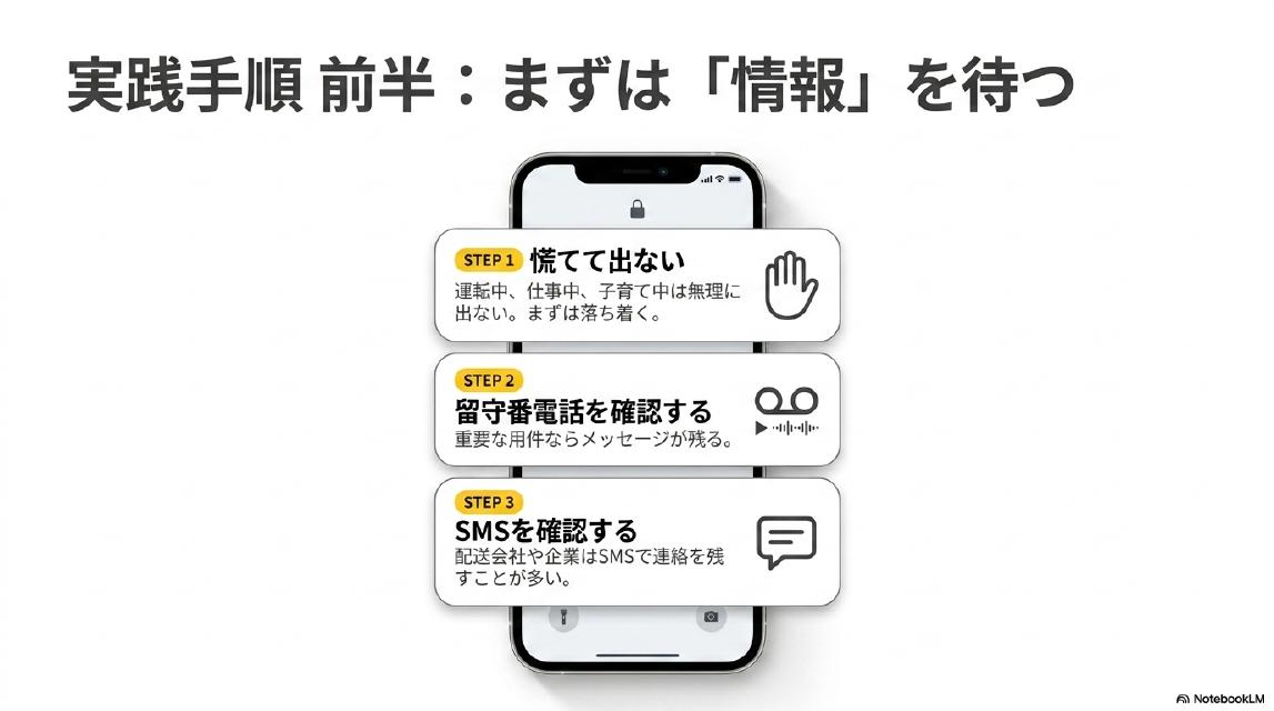 実践手順 前半：まずは「情報」を待つ。STEP1 慌てて出ない（運転中・仕事中・子育て中は無理に出ない。まずは落ち着く）。STEP2 留守番電話を確認する（重要な用件ならメッセージが残る）。STEP3 SMSを確認する（配送会社や企業はSMSで連絡を残すことが多い）。