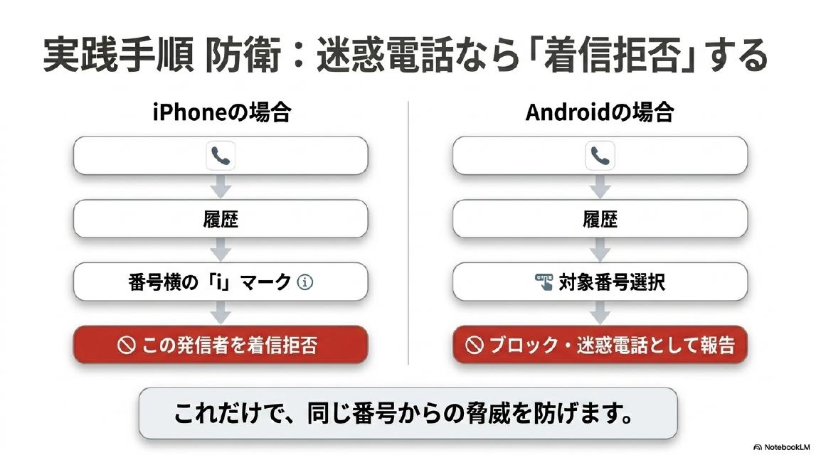 実践手順 防衛：迷惑電話なら「着信拒否」する。iPhoneの場合：電話アプリ→履歴→番号横の「i」マーク→「この発信者を着信拒否」。Androidの場合：電話アプリ→履歴→対象番号選択→ブロック・迷惑電話として報告。これだけで、同じ番号からの脅威を防げます。