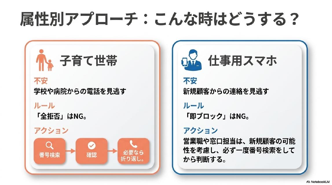 属性別アプローチ：こんな時はどうする？子育て世帯：不安＝学校や病院からの電話を見逃す。ルール＝「全拒否」はNG。アクション＝番号検索→確認→必要なら折り返し。仕事用スマホ：不安＝新規顧客からの連絡を見逃す。ルール＝「即ブロック」はNG。アクション＝必ず一度番号検索をしてから判断する。