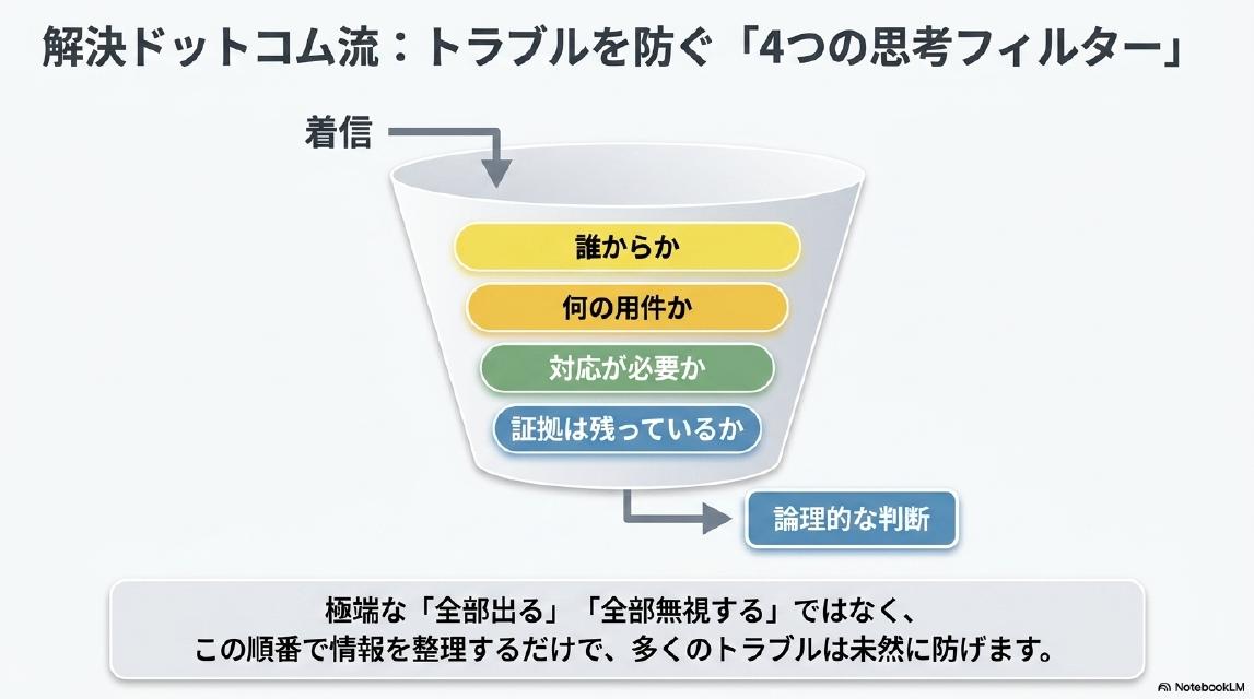 解決ドットコム流：トラブルを防ぐ「4つの思考フィルター」。着信が入ったら①誰からか→②何の用件か→③対応が必要か→④証拠は残っているか→論理的な判断。極端な「全部出る」「全部無視する」ではなく、この順番で情報を整理するだけで、多くのトラブルは未然に防げます。