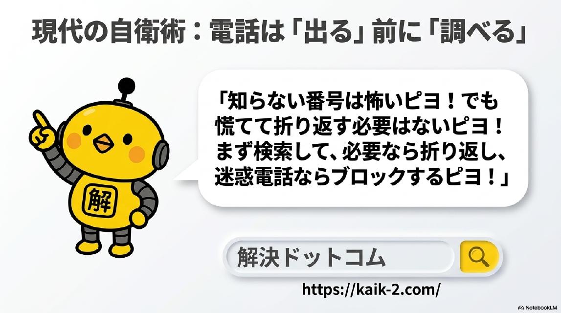 現代の自衛術：電話は「出る」前に「調べる」。カイピヨくん：「知らない番号は怖いピヨ！でも慌てて折り返す必要はないピヨ！まず検索して、必要なら折り返し、迷惑電話ならブロックするピヨ！」解決ドットコム https://kaik-2.com/