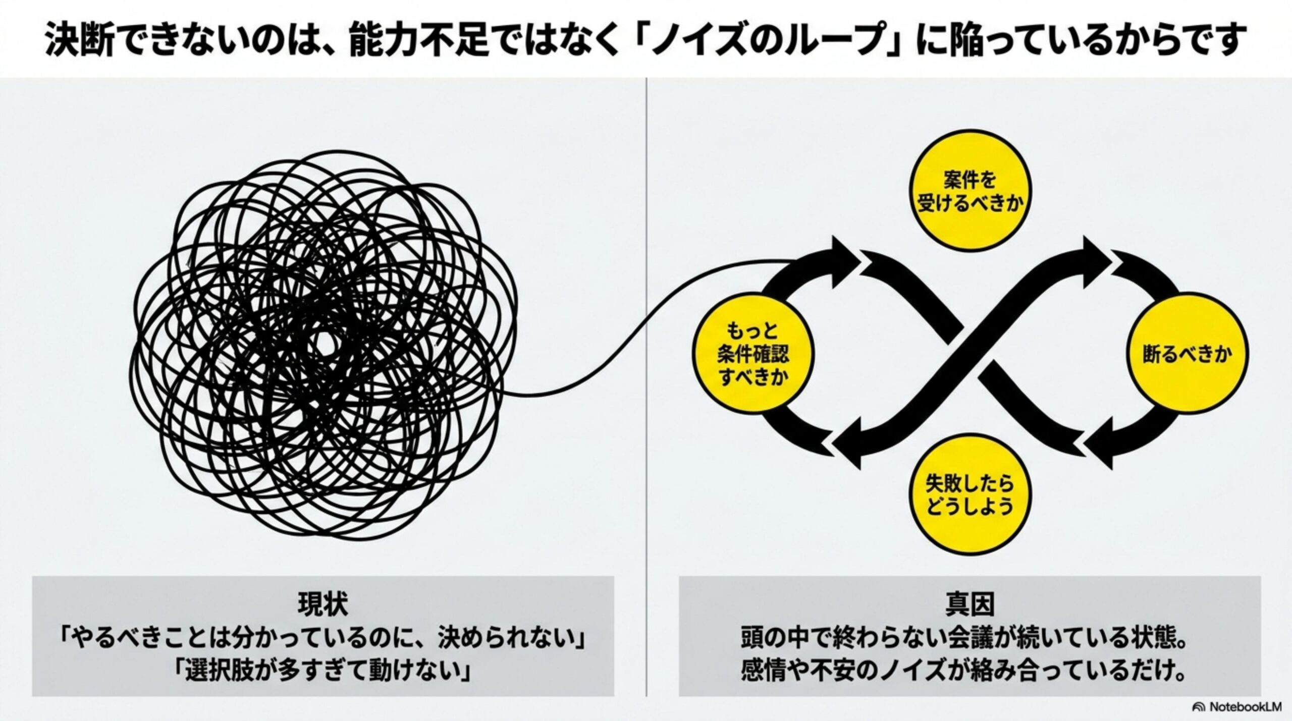 決断できないのは能力不足ではなく「ノイズのループ」に陥っているから。頭の中で終わらない会議が続く状態。