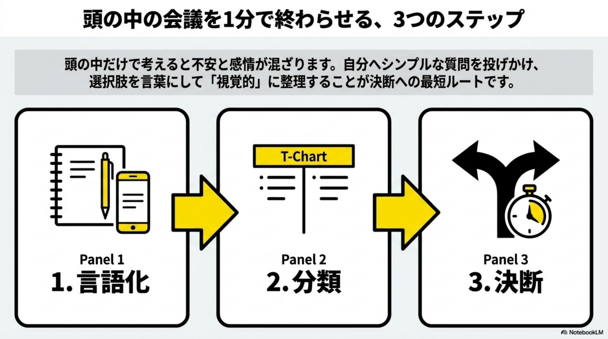頭の中の会議を1分で終わらせる3つのステップ。1.言語化→2.分類→3.決断。選択肢を言葉にして視覚的に整理することが決断への最短ルートです。