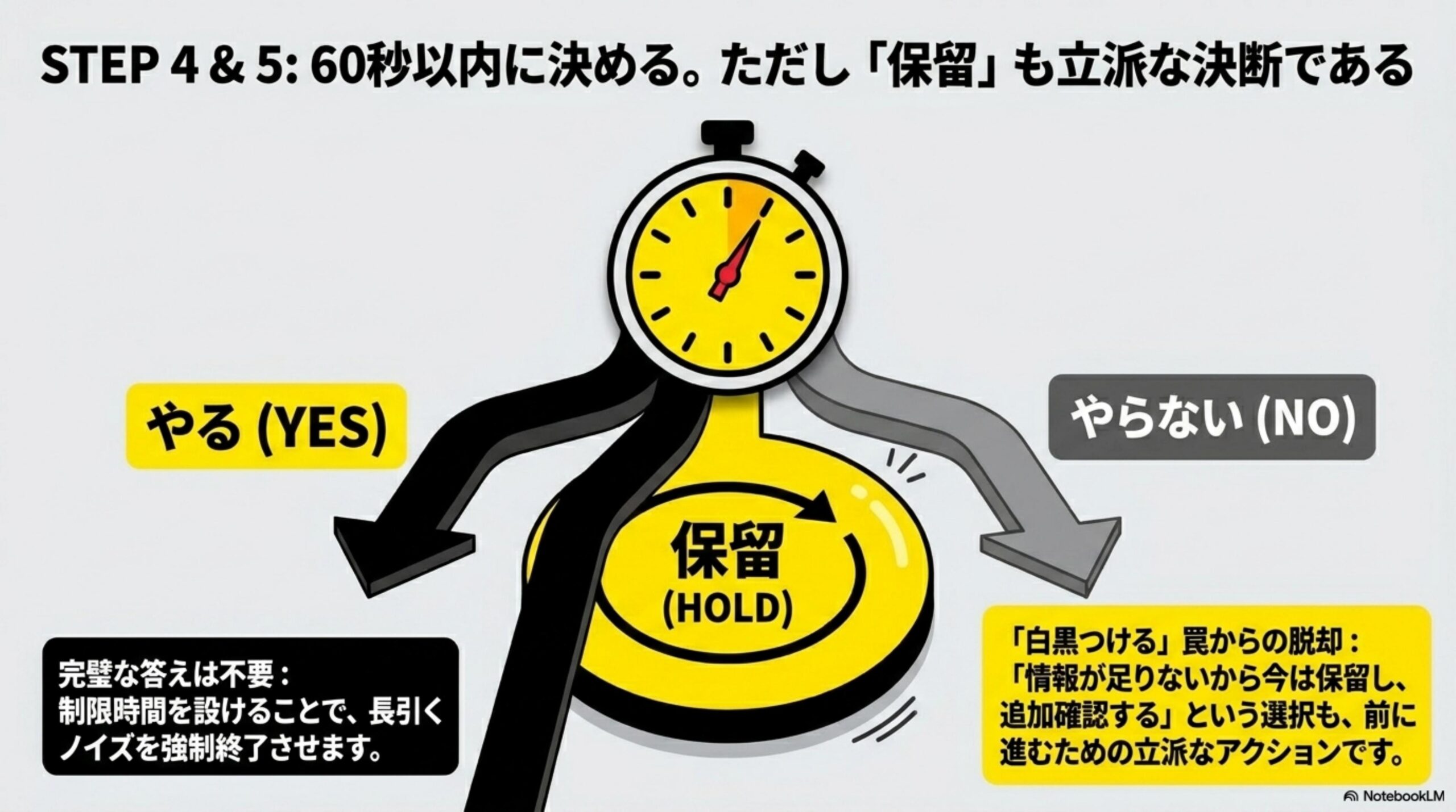 STEP4&5: 60秒以内に決める。ただし「保留」も立派な決断である。やる(YES)・やらない(NO)・保留(HOLD)の3択。完璧な答えは不要：制限時間を設けることで、長引くノイズを強制終了させます。「白黒つける」罠からの脱却：情報が足りないから今は保留し、追加確認するという選択も、前に進むための立派なアクションです。