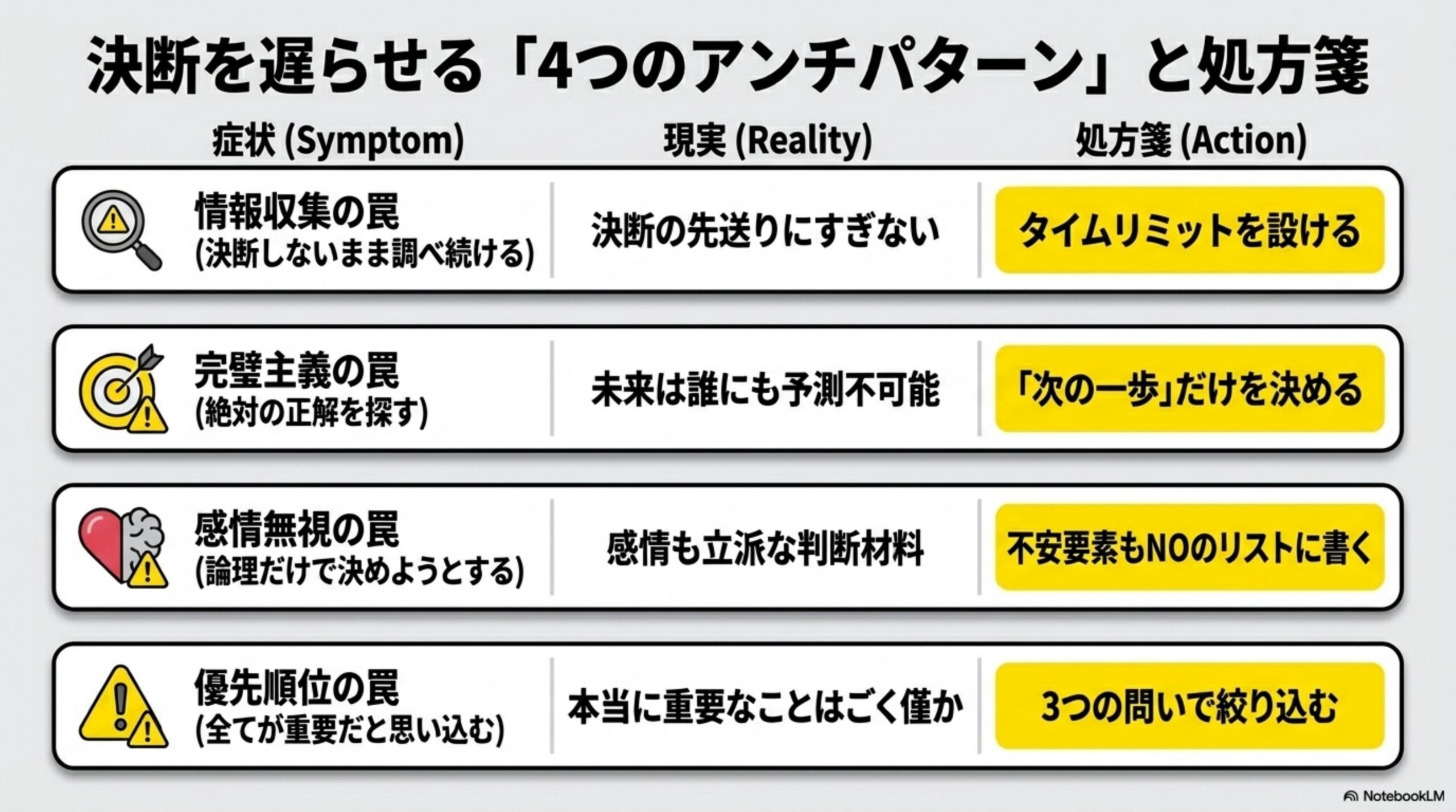 決断を遅らせる「4つのアンチパターン」と処方箋。情報収集の罠・完璧主義の罠・感情無視の罠・優先順位の罠とそれぞれの対策。