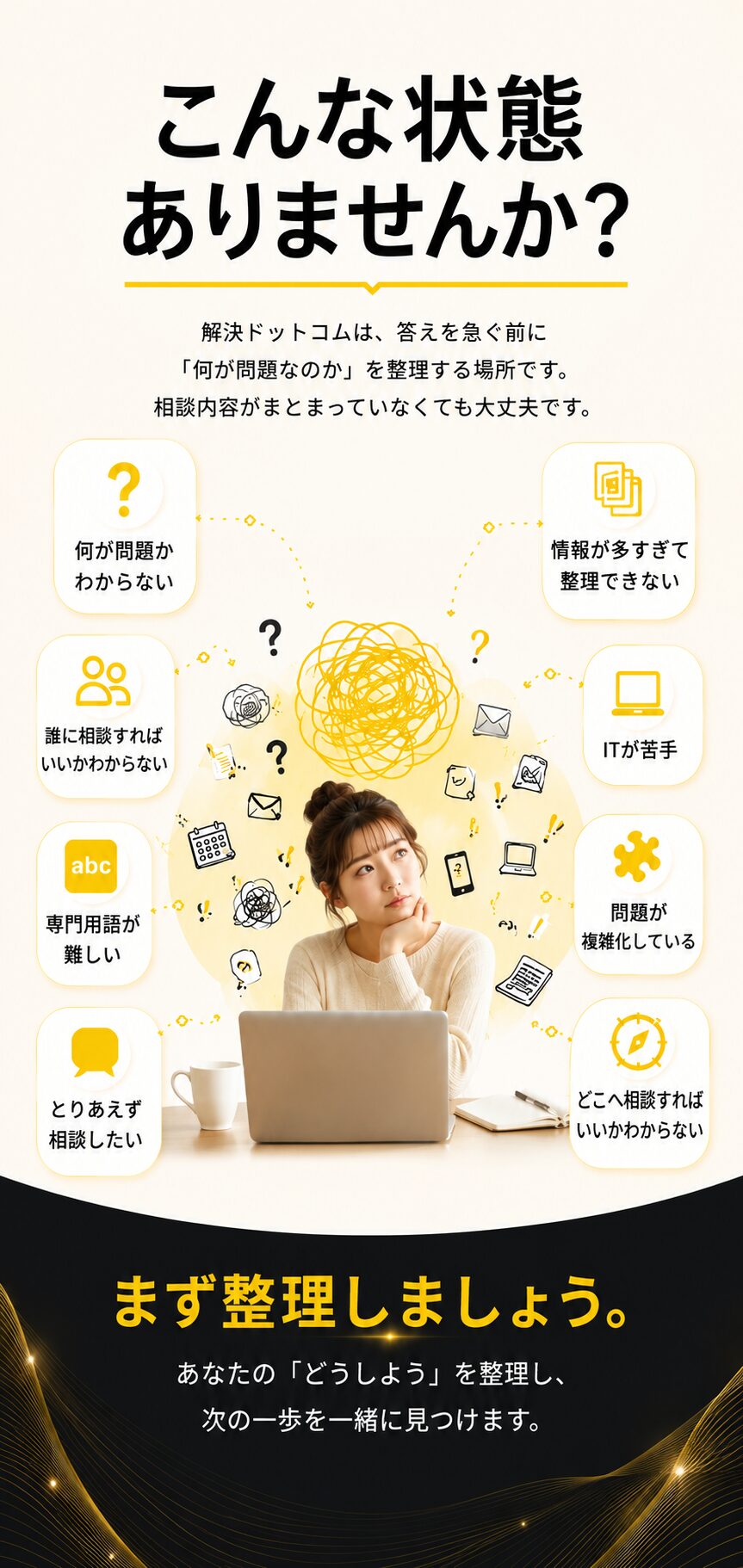 スマホ版 こんな状態ありませんか？ 解決ドットコムは、答えを急ぐ前に何が問題なのかを整理する場所です。何が問題かわからない、誰に相談すればいいかわからない、情報が多すぎて整理できない、ITが苦手、専門用語が難しい、問題が複雑化している状態を整理します。