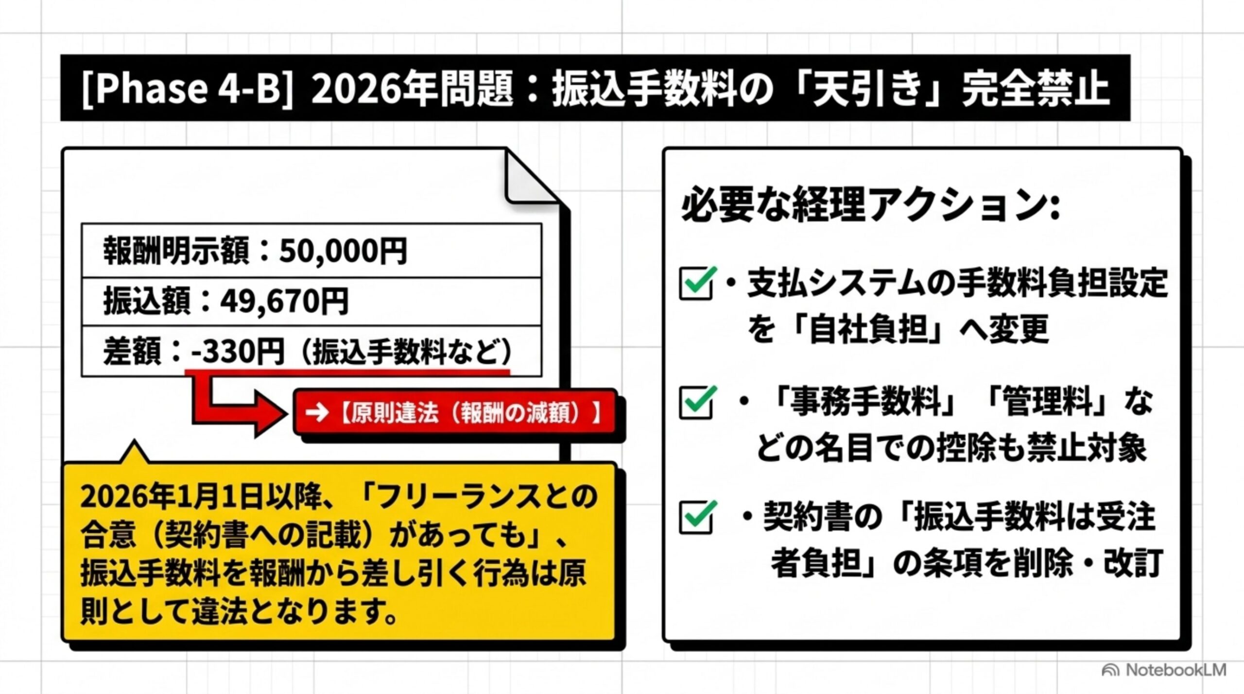 Phase4-B 2026年問題：報酬明示額と振込額の差額330円は原則違法（報酬の減額）
