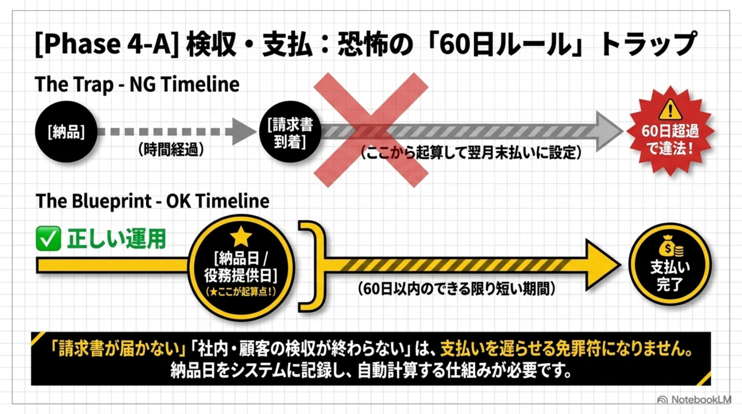 Phase4-A 検収・支払：恐怖の60日ルールトラップ。請求書到着日ではなく納品日が起算点