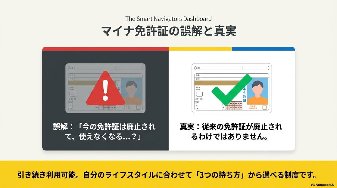 マイナ免許証の誤解と真実。誤解：『今の免許証は廃止されて、使えなくなる…？』真実：従来の免許証が廃止されるわけではありません。引き続き利用可能。自分のライフスタイルに合わせて『3つの持ち方』から選べる制度です。