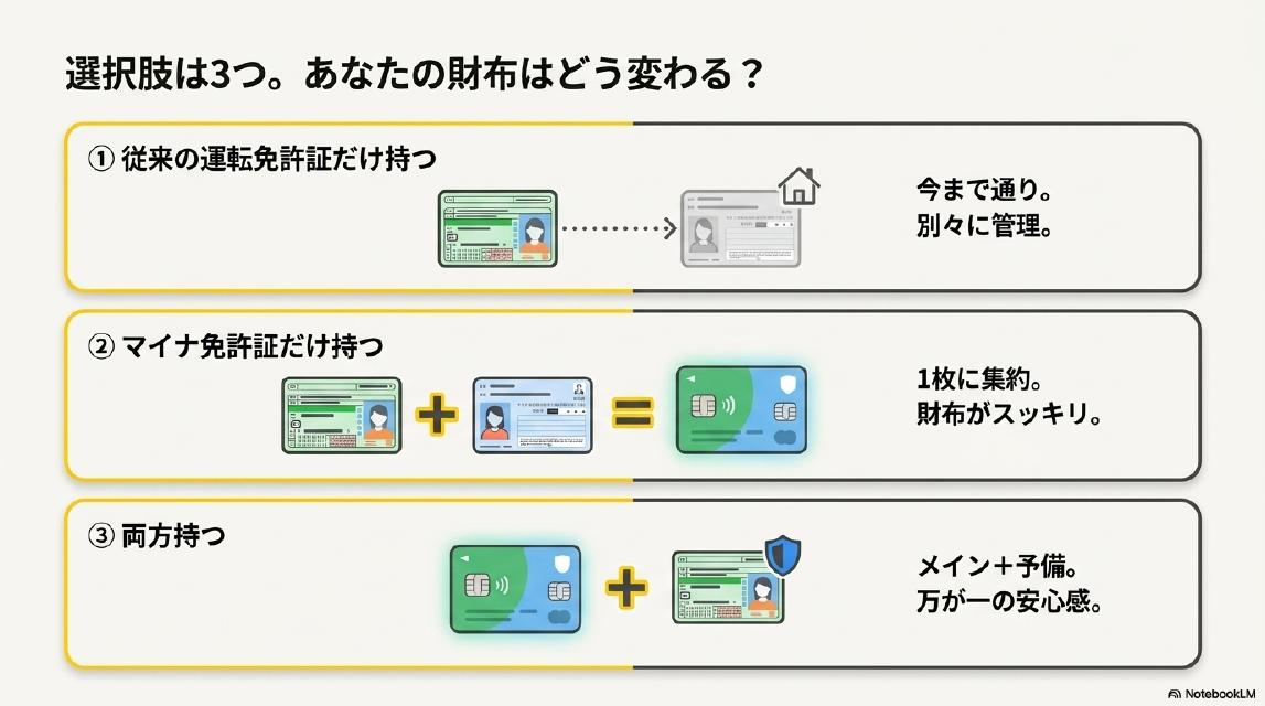 選択肢は3つ。あなたの財布はどう変わる？①従来の運転免許証だけ持つ：今まで通り、別々に管理。②マイナ免許証だけ持つ：1枚に集約、財布がスッキリ。③両方持つ：メイン＋予備、万が一の安心感。3つの持ち方をイラストで比較。
