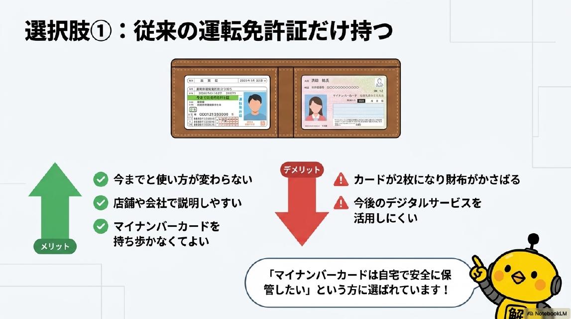選択肢①：従来の運転免許証だけ持つ。財布に運転免許証とマイナンバーカードが別々に入っているイラスト。メリット：今までと使い方が変わらない、店舗や会社で説明しやすい、マイナンバーカードを持ち歩かなくてよい。デメリット：カードが2枚になり財布がかさばる、今後のデジタルサービスを活用しにくい。『マイナンバーカードは自宅で安全に保管したい』という方に選ばれています、とカイピヨくんが説明。