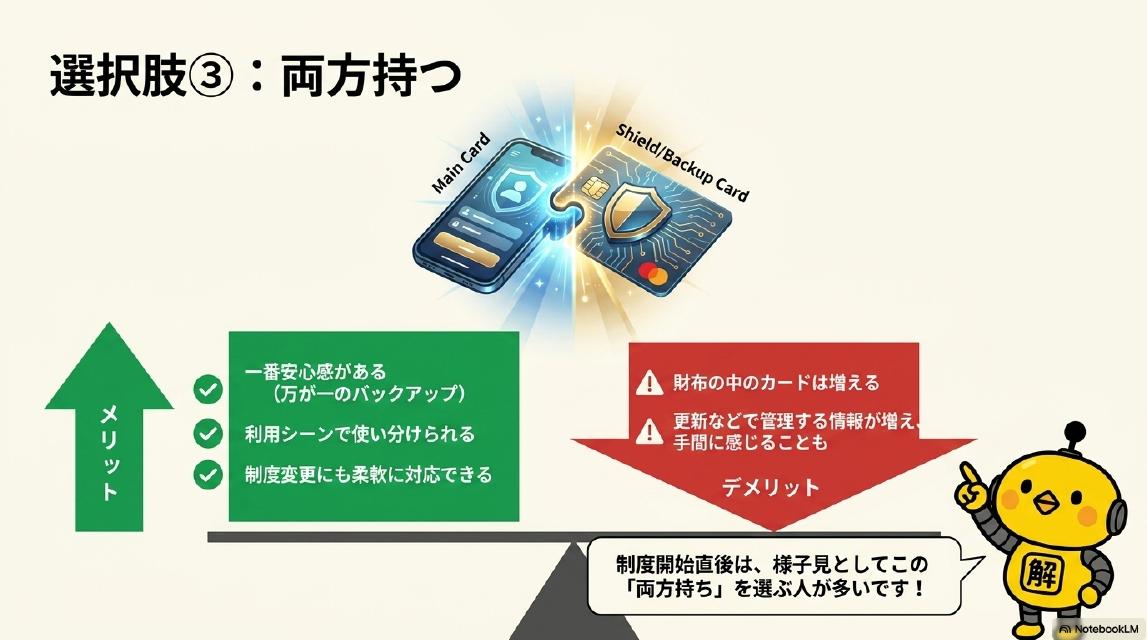 選択肢③：両方持つ。スマートフォン（Main Card）とバックアップカード（Shield/Backup Card）がパズルのように組み合わさるイラスト。メリット：一番安心感がある（万が一のバックアップ）、利用シーンで使い分けられる、制度変更にも柔軟に対応できる。デメリット：財布の中のカードは増える、更新などで管理する情報が増え手間に感じることも。制度開始直後は、様子見としてこの両方持ちを選ぶ人が多いです、とカイピヨくんが説明。