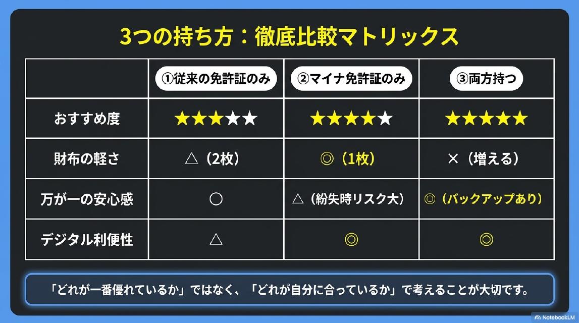 3つの持ち方：徹底比較マトリックス。おすすめ度：①従来の免許証のみ★★★☆☆、②マイナ免許証のみ★★★★☆、③両方持つ★★★★★。財布の軽さ：①△（2枚）、②◎（1枚）、③×（増える）。万が一の安心感：①○、②△（紛失時リスク大）、③◎（バックアップあり）。デジタル利便性：①△、②◎、③◎。『どれが一番優れているか』ではなく、『どれが自分に合っているか』で考えることが大切です。