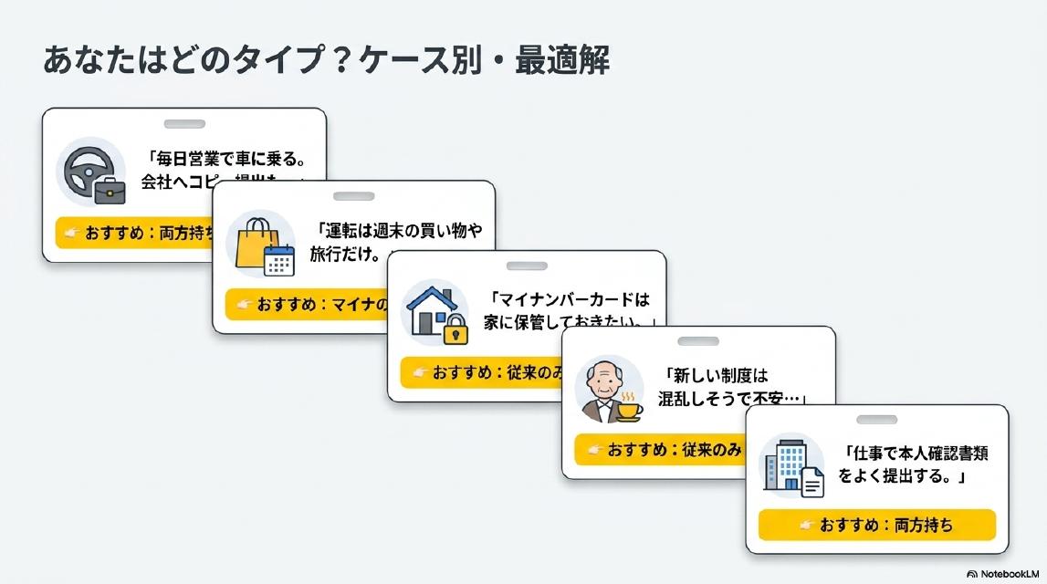 あなたはどのタイプ？ケース別・最適解。『毎日営業で車に乗る。会社へコピー提出も』→おすすめ：両方持ち。『運転は週末の買い物や旅行だけ』→おすすめ：マイナのみ。『マイナンバーカードは家に保管しておきたい』→おすすめ：従来のみ。『新しい制度は混乱しそうで不安…』→おすすめ：従来のみ。『仕事で本人確認書類をよく提出する』→おすすめ：両方持ち。5枚のカード形式の診断結果。