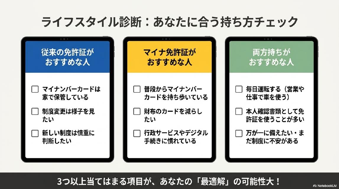 ライフスタイル診断：あなたに合う持ち方チェック。従来の免許証がおすすめな人：マイナンバーカードは家で保管している、制度変更は様子を見たい、新しい制度は慎重に判断したい。マイナ免許証がおすすめな人：普段からマイナンバーカードを持ち歩いている、財布のカードを減らしたい、行政サービスやデジタル手続きに慣れている。両方持ちがおすすめな人：毎日運転する（営業や仕事で車を使う）、本人確認書類として免許証を使うことが多い、万が一に備えたい・まだ制度に不安がある。3つ以上当てはまる項目が、あなたの『最適解』の可能性大！