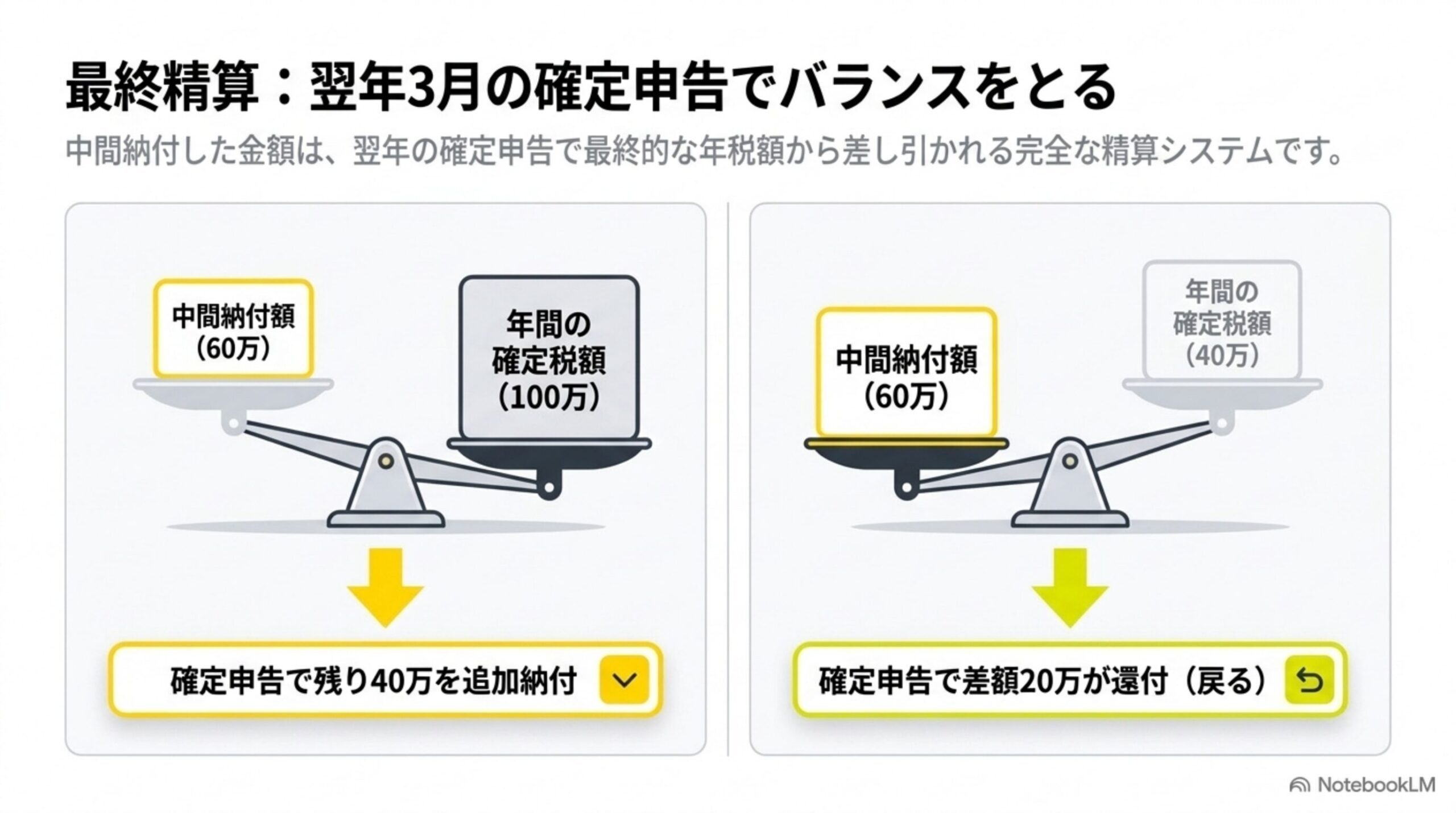 最終精算：翌年3月の確定申告でバランスをとる。中間納付額60万円と年間の確定税額100万円を比べ、残り40万円を追加納付するケースと、中間納付額60万円が確定税額40万円を上回り差額20万円が還付されるケースのシーソー図