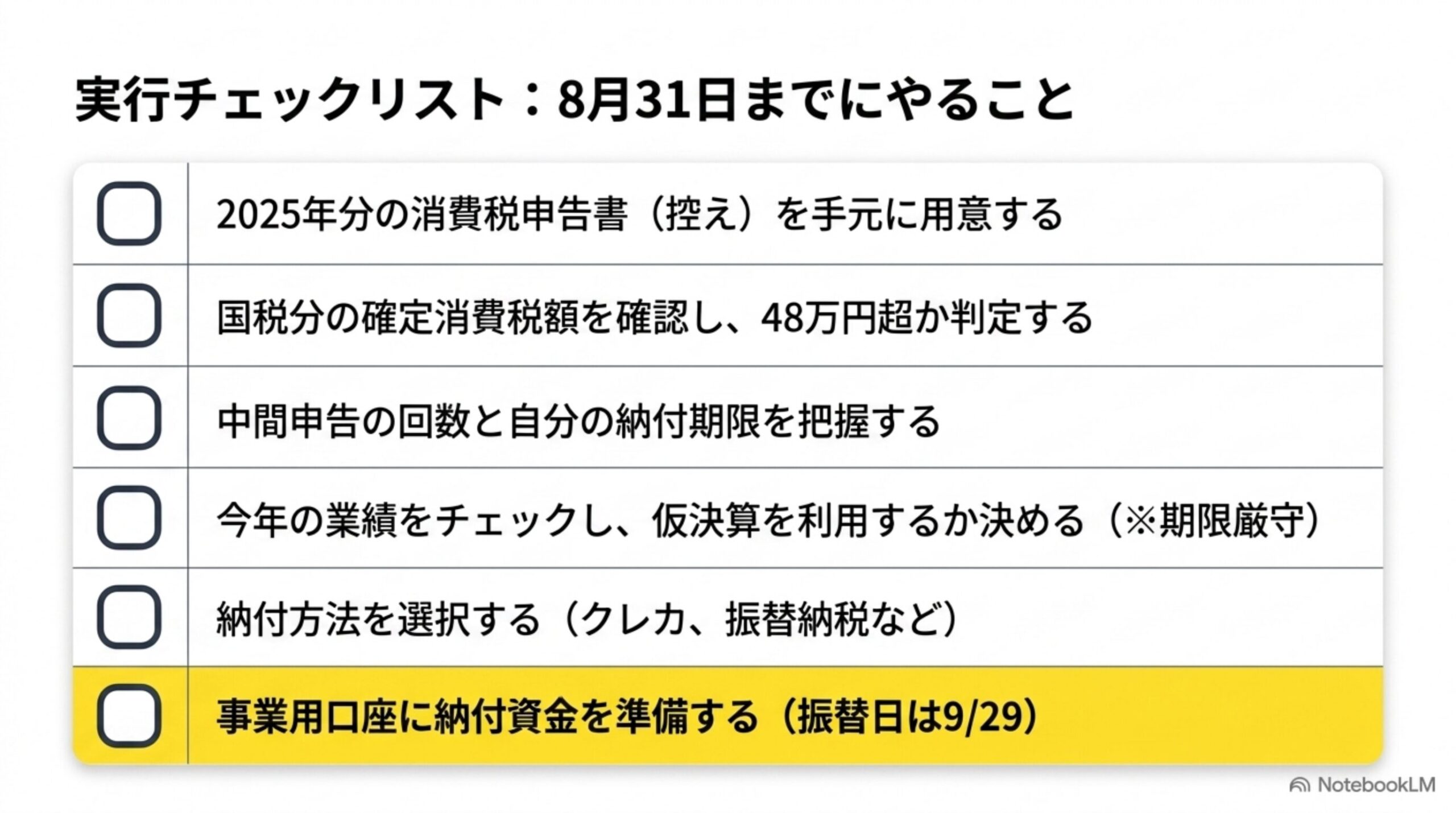 実行チェックリスト：8月31日までにやること。2025年分の消費税申告書を用意する、国税分の確定消費税額を確認する、中間申告の回数と納付期限を把握する、業績をチェックし仮決算を利用するか決める、納付方法を選択する、事業用口座に納付資金を準備するの6項目チェックリスト