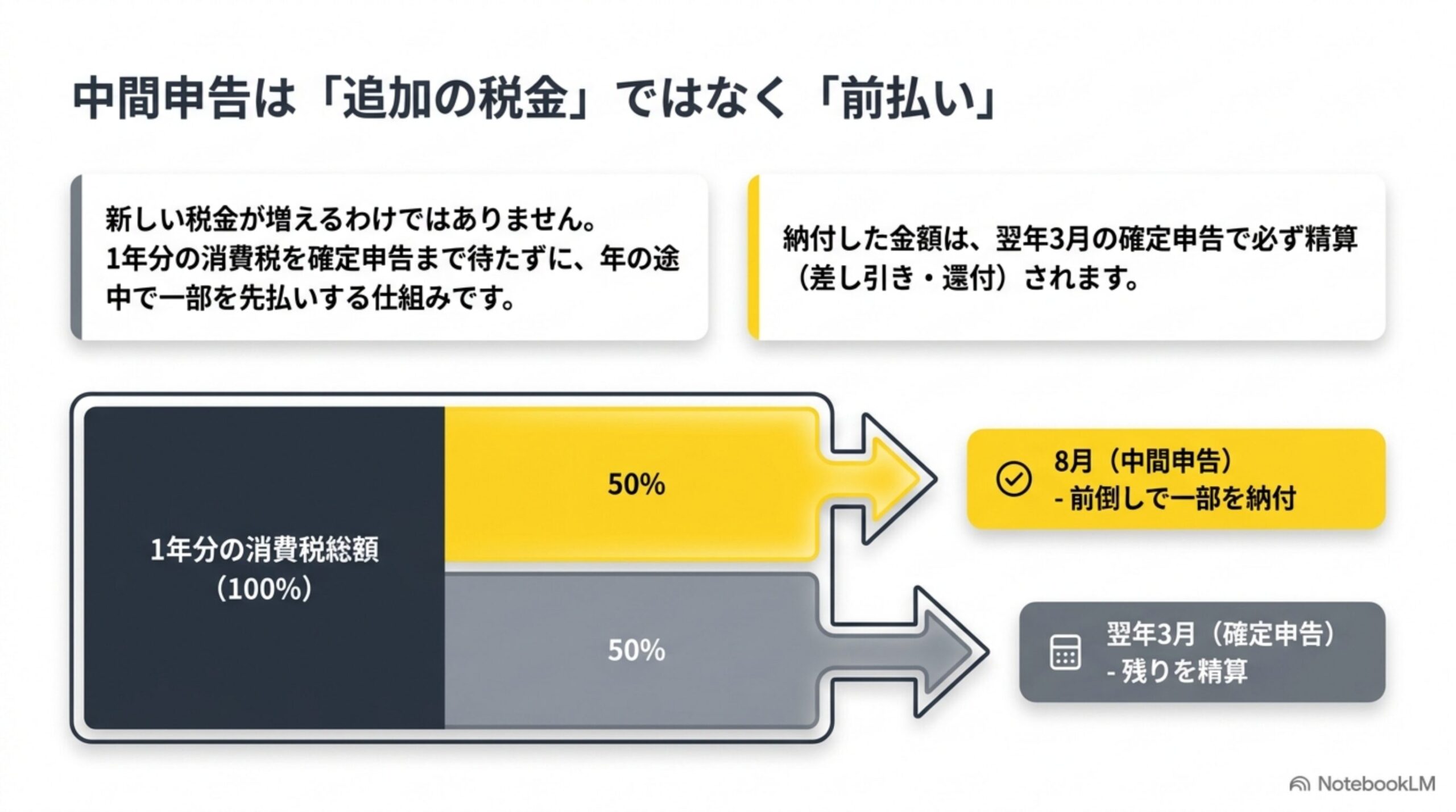 中間申告は追加の税金ではなく前払い。1年分の消費税総額100%のうち50%を8月の中間申告で前倒しし、残り50%を翌年3月の確定申告で精算するという図解