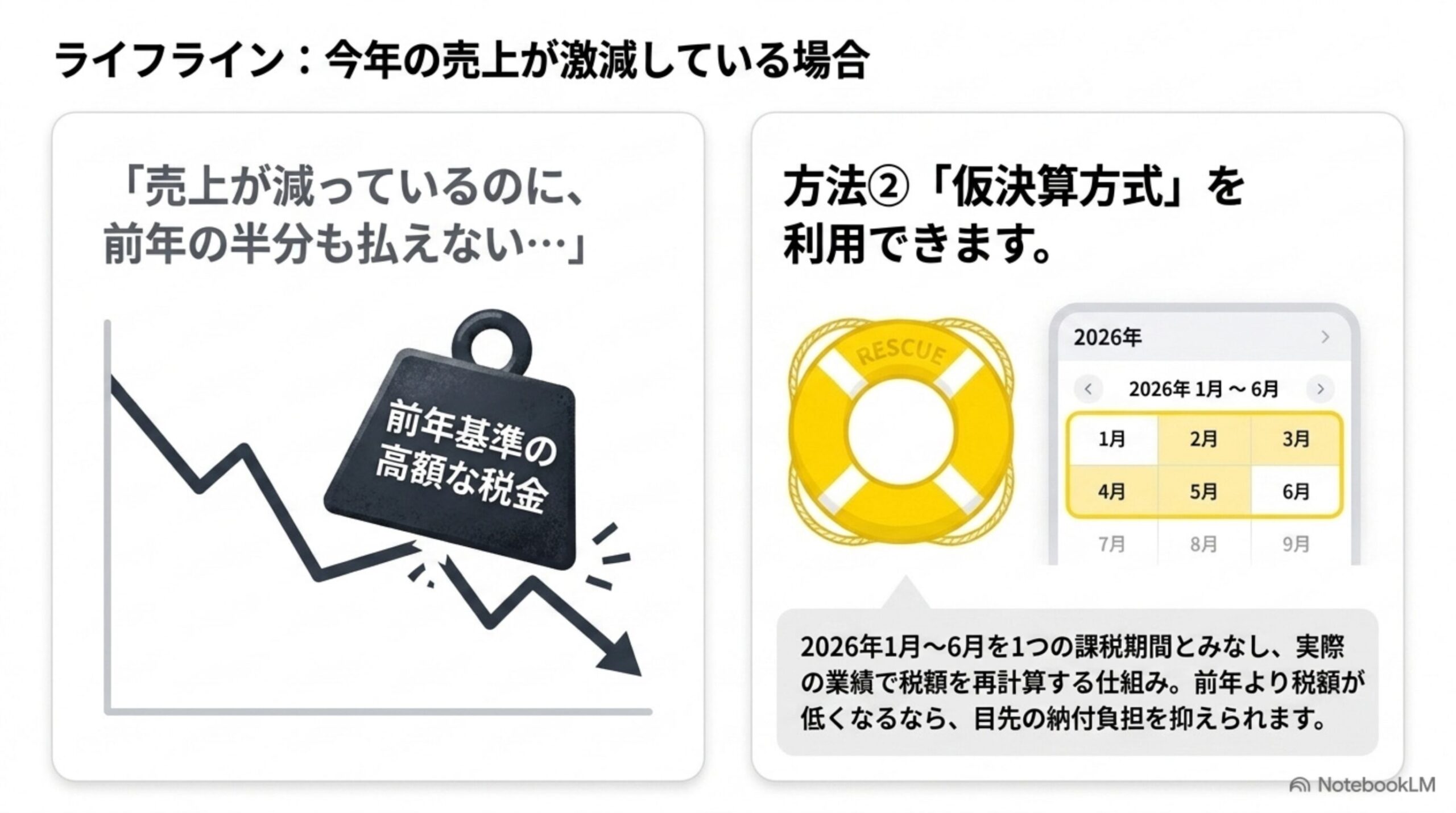 ライフライン：今年の売上が激減している場合。前年基準の高額な税金に対し、2026年1月から6月を1つの課税期間とみなして実際の業績で税額を再計算する仮決算方式のレスキュー図解