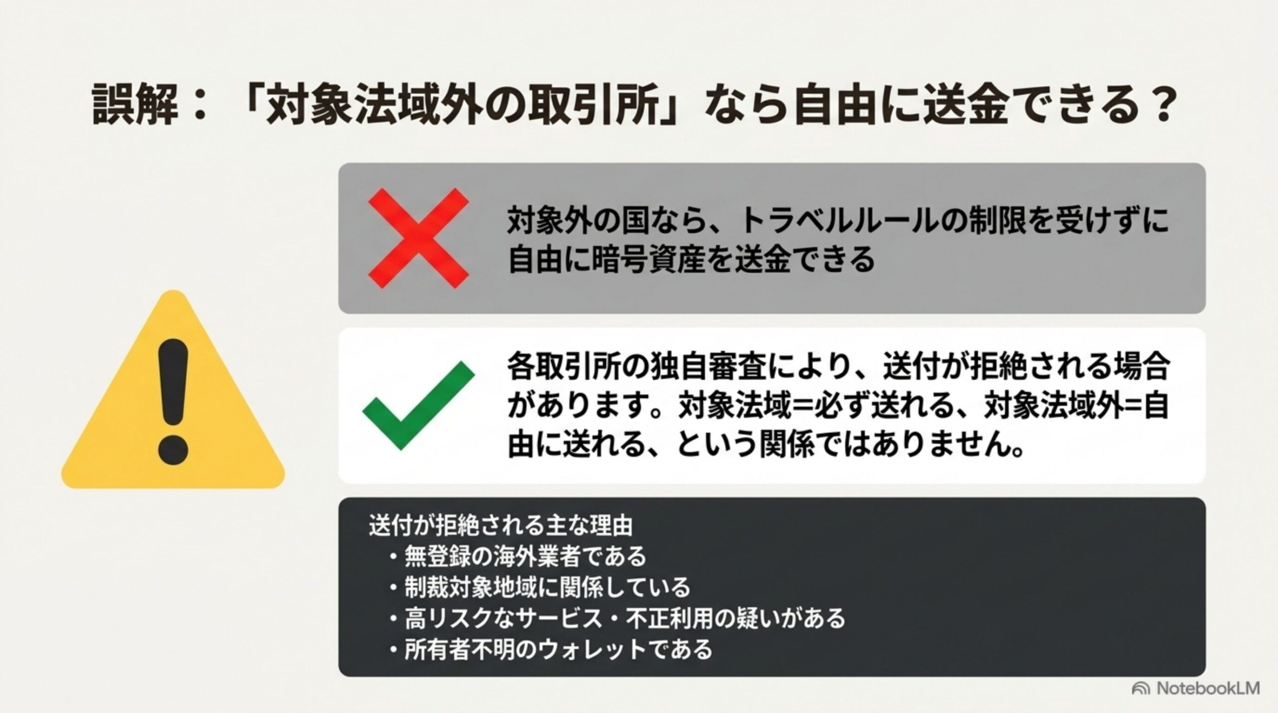 対象法域外の取引所なら自由に送金できるという誤解を、無登録業者や高リスクサービスへの審査が入るという事実で訂正する図解
