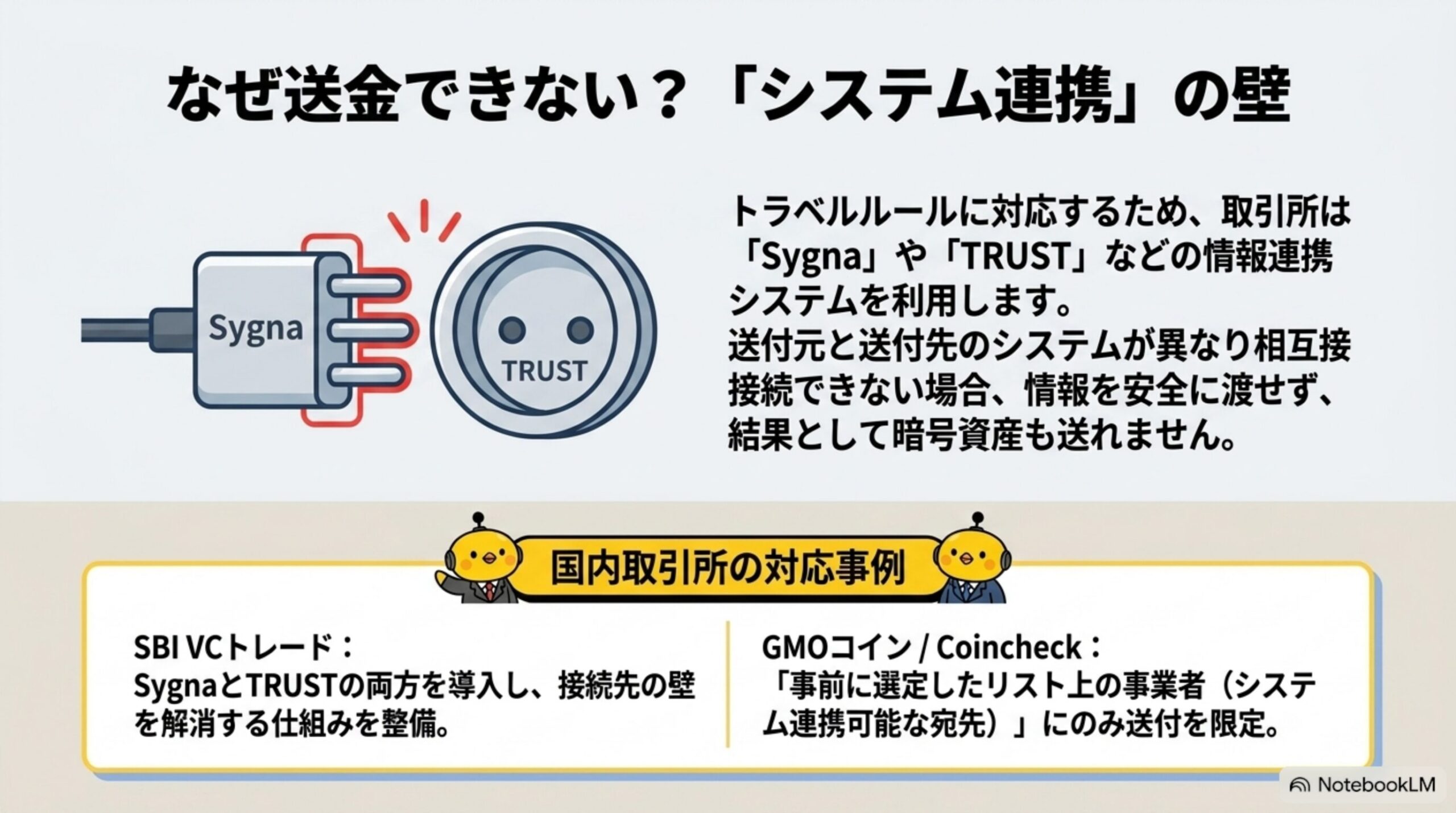 SygnaとTRUSTという情報連携システムの違いによる送金できない壁を示す図解。SBI VCトレードは両方導入、GMOコインとCoincheckはリスト限定と説明