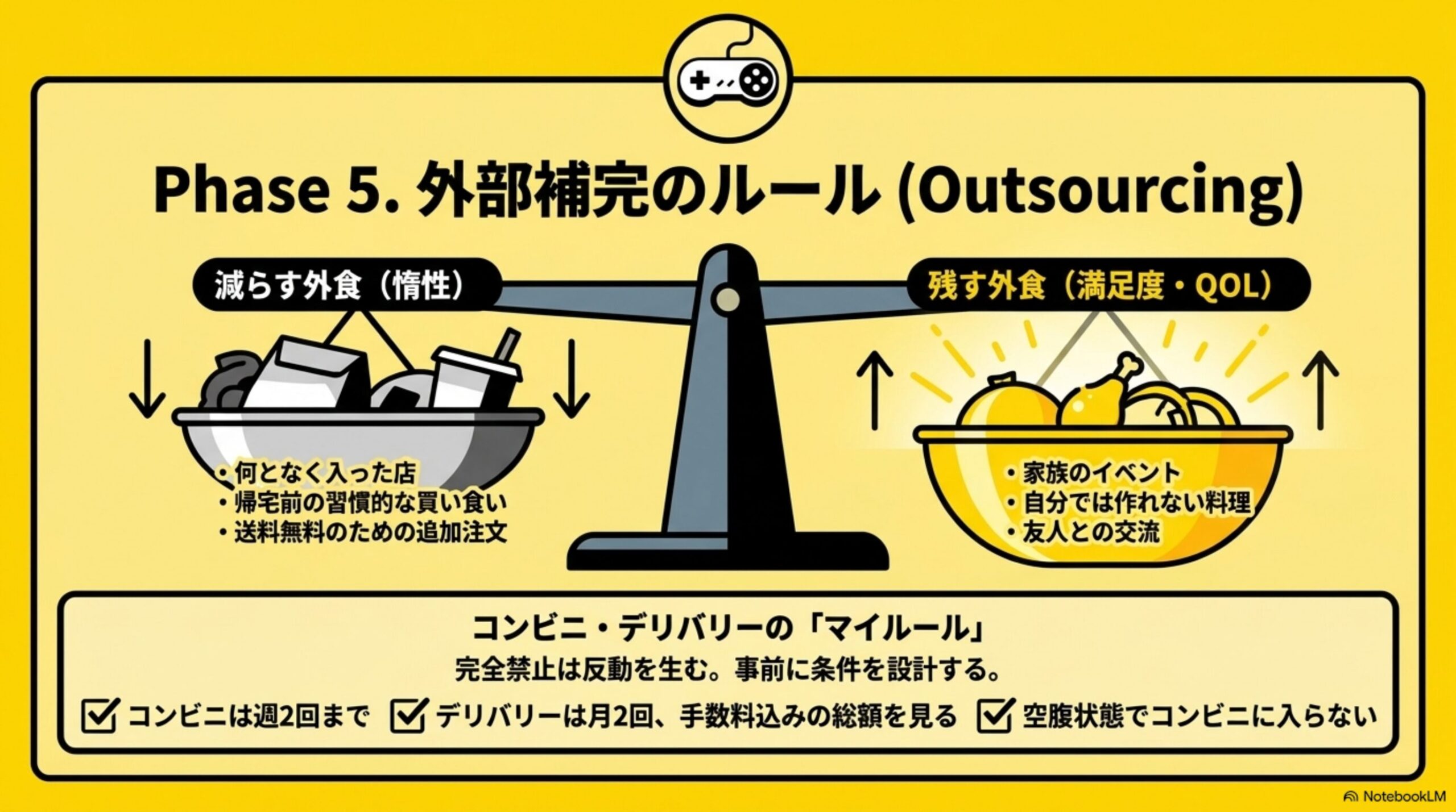 Phase5. 外部補完のルール(Outsourcing)。何となく入った店・帰宅前の習慣的な買い食い・送料無料のための追加注文といった減らす外食(惰性)と、家族のイベント・自分では作れない料理・友人との交流といった残す外食(満足度・QOL)を天秤にかける図解。コンビニは週2回まで、デリバリーは月2回で手数料込みの総額を見る、空腹状態でコンビニに入らないというマイルール