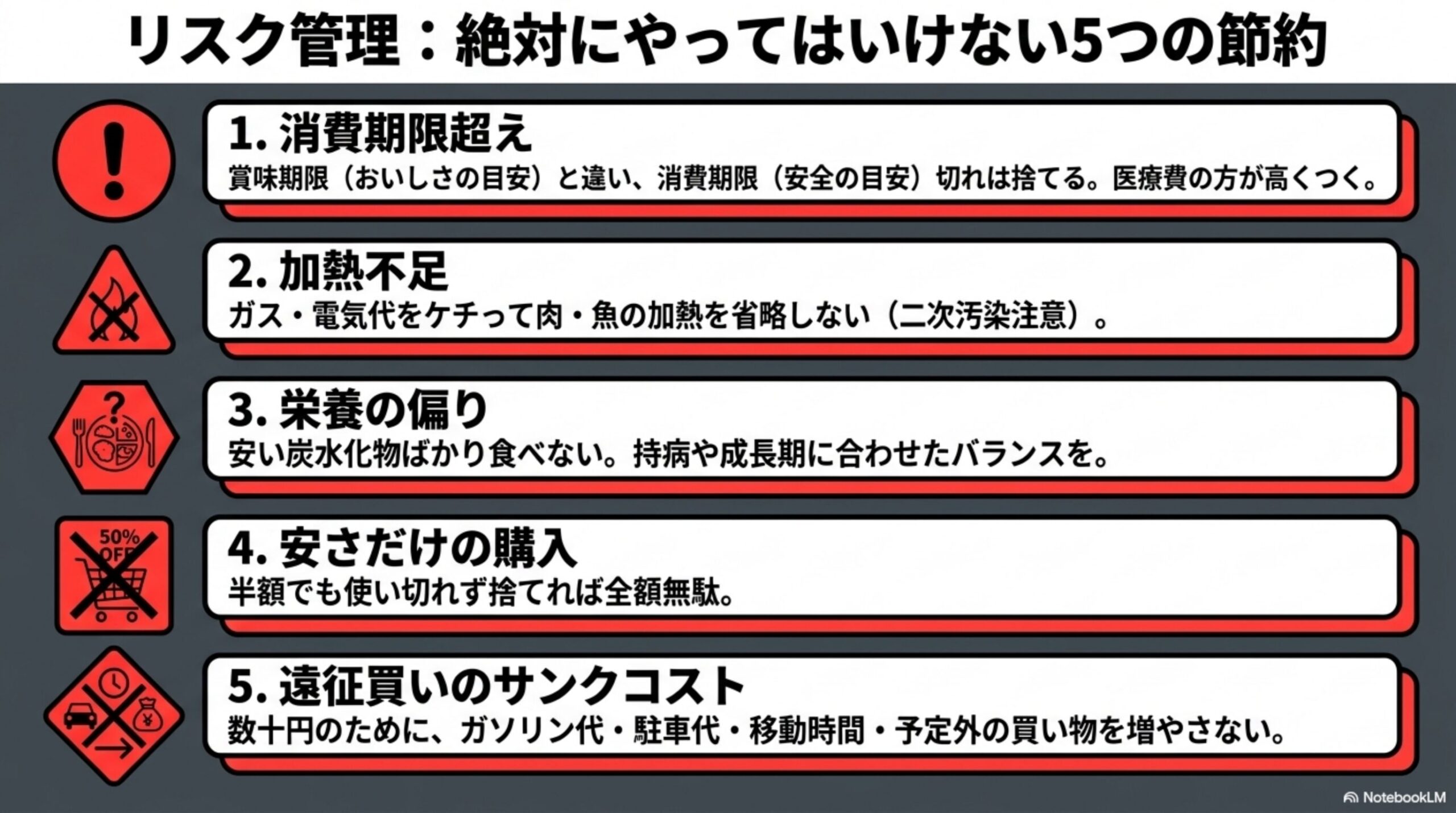 リスク管理：絶対にやってはいけない5つの節約。消費期限超え、加熱不足、栄養の偏り、安さだけの購入、遠征買いのサンクコストという5つの警告