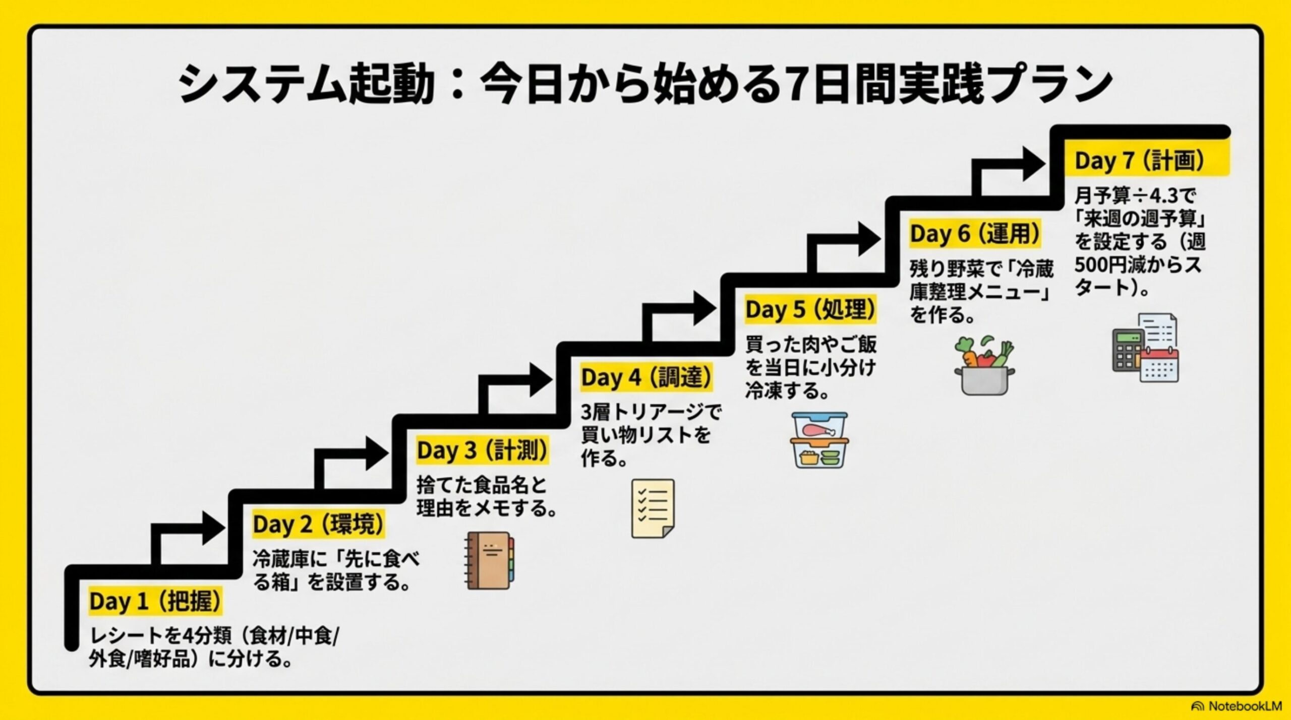 システム起動：今日から始める7日間実践プラン。Day1把握(レシートを4分類)、Day2環境(先に食べる箱を設置)、Day3計測(捨てた食品名と理由をメモ)、Day4調達(3層トリアージで買い物リスト作成)、Day5処理(買った肉やご飯を小分け冷凍)、Day6運用(残り野菜で冷蔵庫整理メニュー)、Day7計画(来週の週予算を設定)という階段状の図解