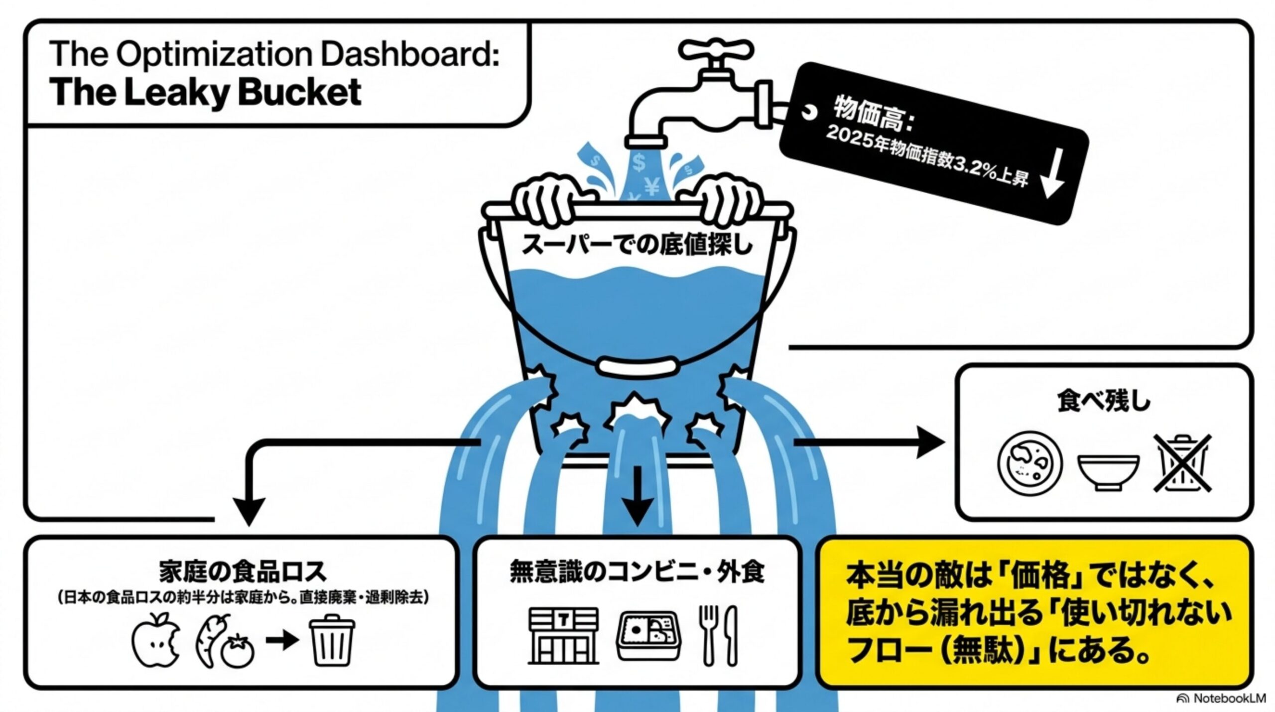 The Optimization Dashboard: The Leaky Bucket。物価高でスーパーでの底値探しに水を注いでも、家庭の食品ロス・無意識のコンビニ外食・食べ残しという穴から漏れ出るバケツの図解。本当の敵は価格ではなく使い切れないフロー(無駄)にある