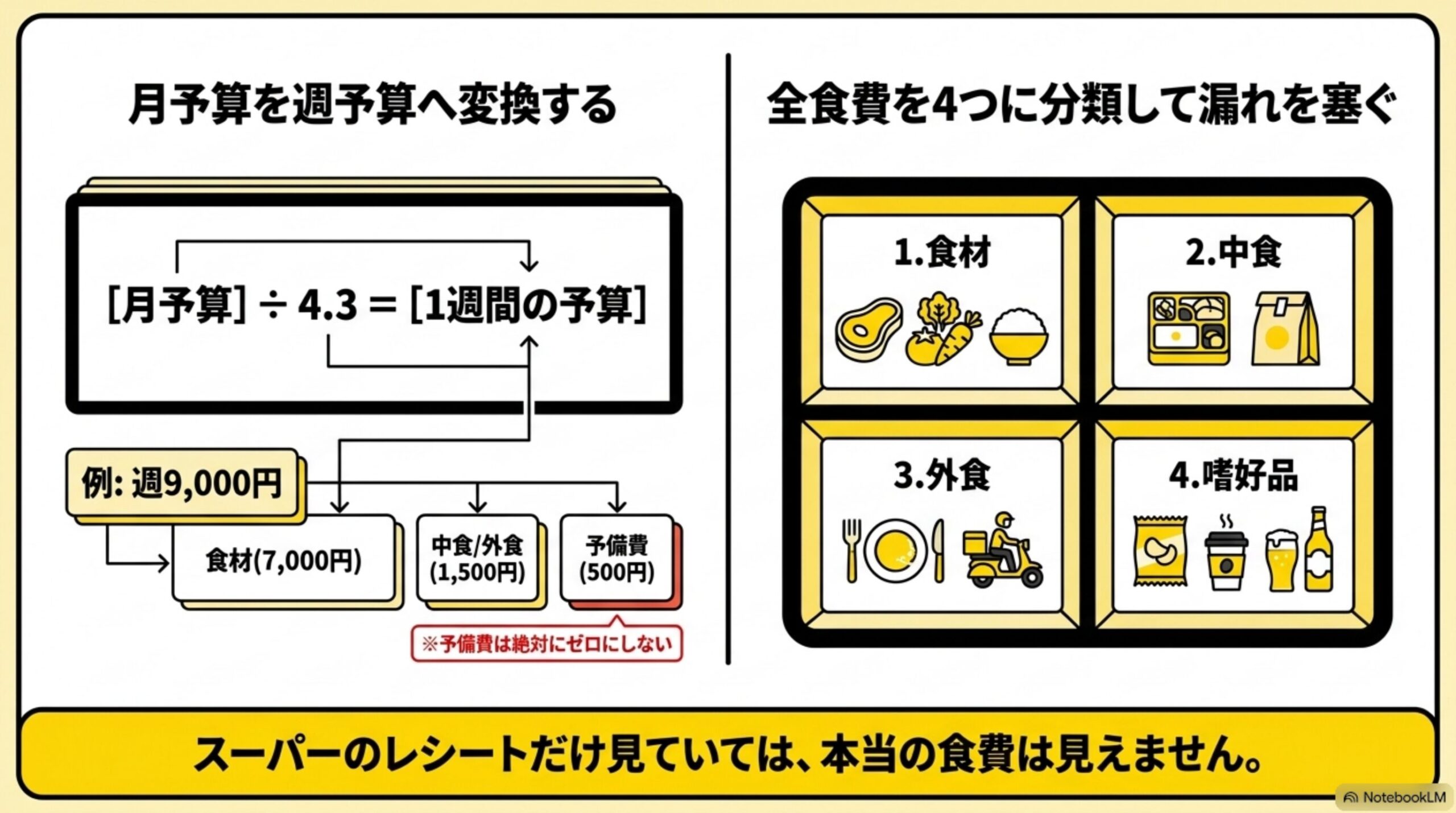 月予算を週予算へ変換する計算式(月予算÷4.3=1週間の予算)。例:週9,000円を食材7,000円・中食外食1,500円・予備費500円に分ける図解。全食費を食材・中食・外食・嗜好品の4つに分類して漏れを塞ぐ図解