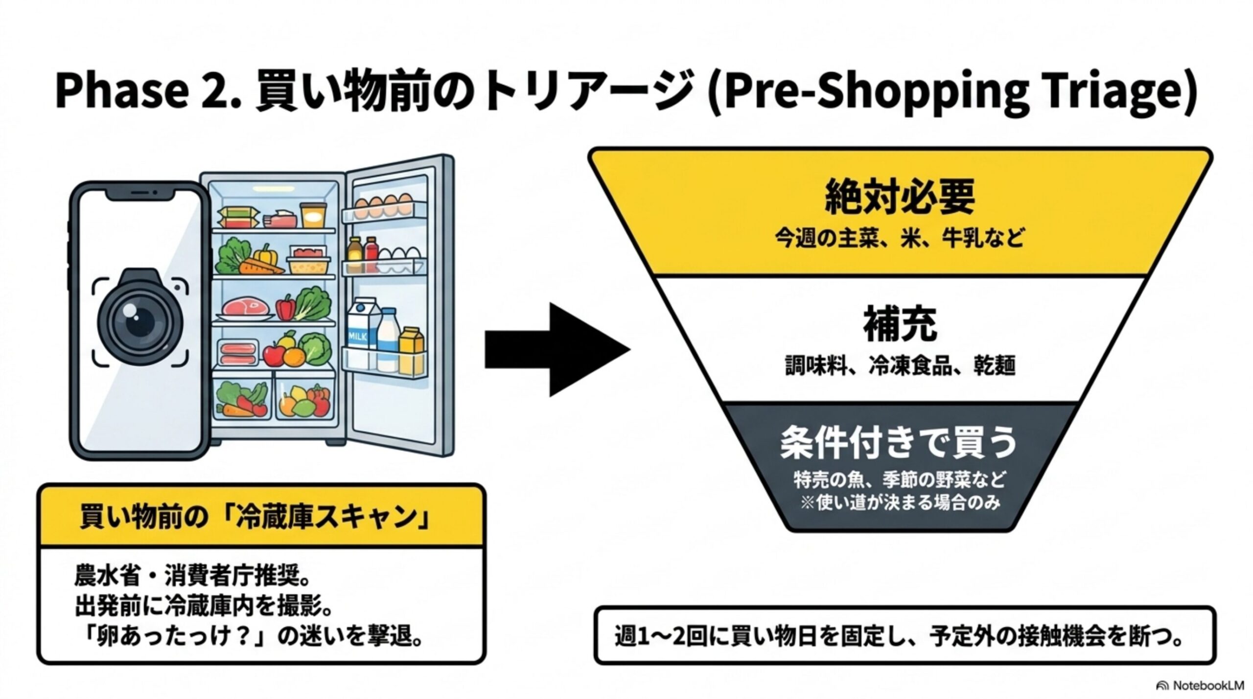 Phase2. 買い物前のトリアージ(Pre-Shopping Triage)。買い物前に冷蔵庫をスマートフォンで撮影し、買い物リストを絶対必要・補充・条件付きで買うの3段階に分ける漏斗図解