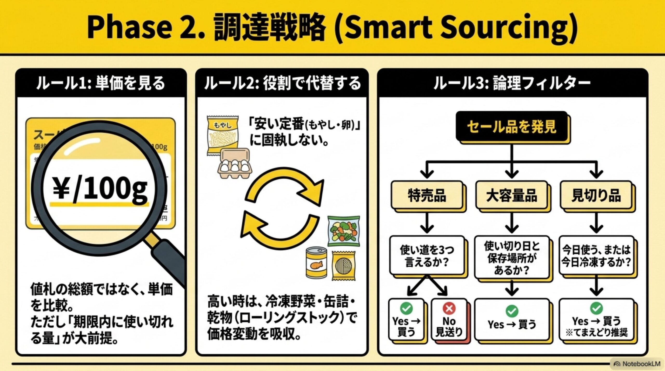 Phase2. 調達戦略(Smart Sourcing)。ルール1単価(円/100g)を見る、ルール2安い定番食材に固執せず役割で代替する、ルール3セール品を発見したら特売品・大容量品・見切り品ごとに使い道や使い切り日を確認する論理フィルターのフローチャート