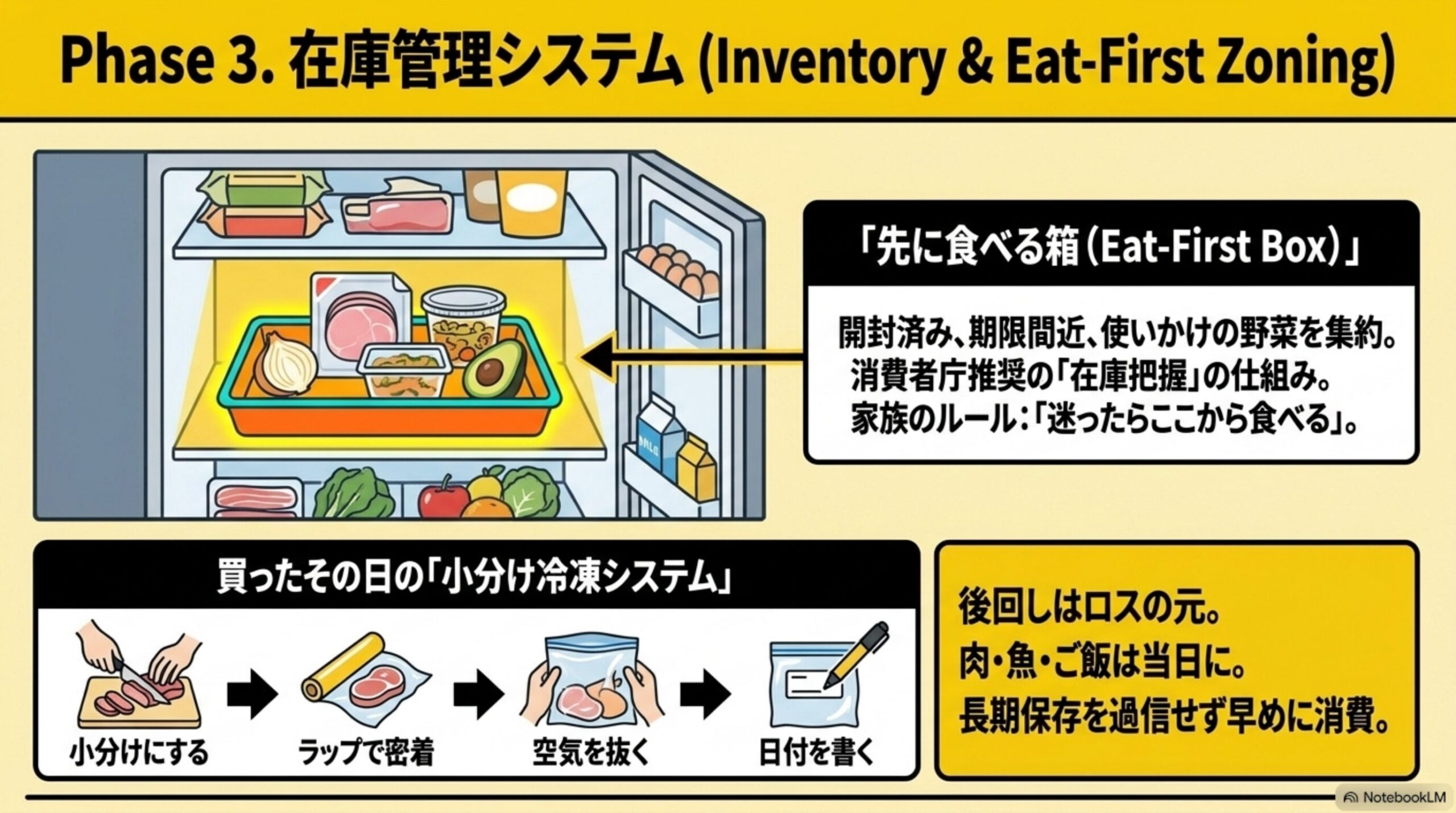 Phase3. 在庫管理システム(Inventory & Eat-First Zoning)。冷蔵庫内に開封済み・期限間近・使いかけの野菜を集約する先に食べる箱(Eat-First Box)と、買ったその日に小分けしてラップで密着し空気を抜いて日付を書く小分け冷凍システムの図解