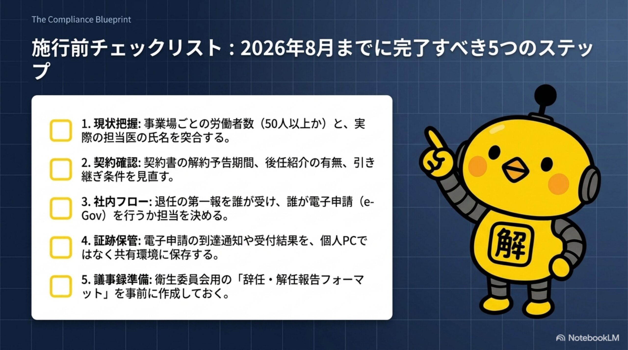 核心：書類提出がゴールではない。労働者の健康管理体制を止めないこと