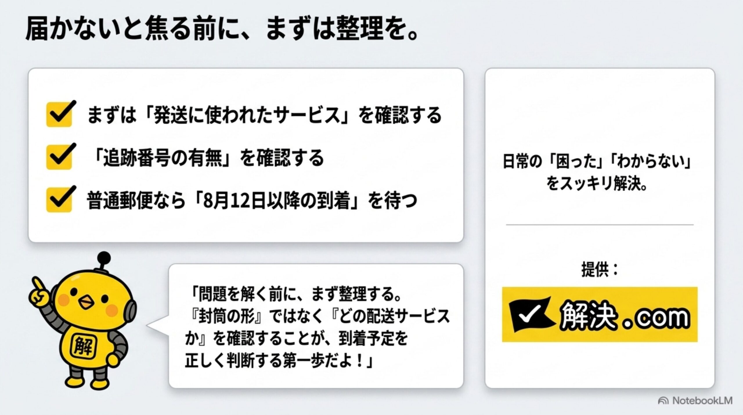 届かないと焦る前に、まずは整理を。発送サービスと追跡番号の有無を確認するという解決ドットコムのクロージングスライド