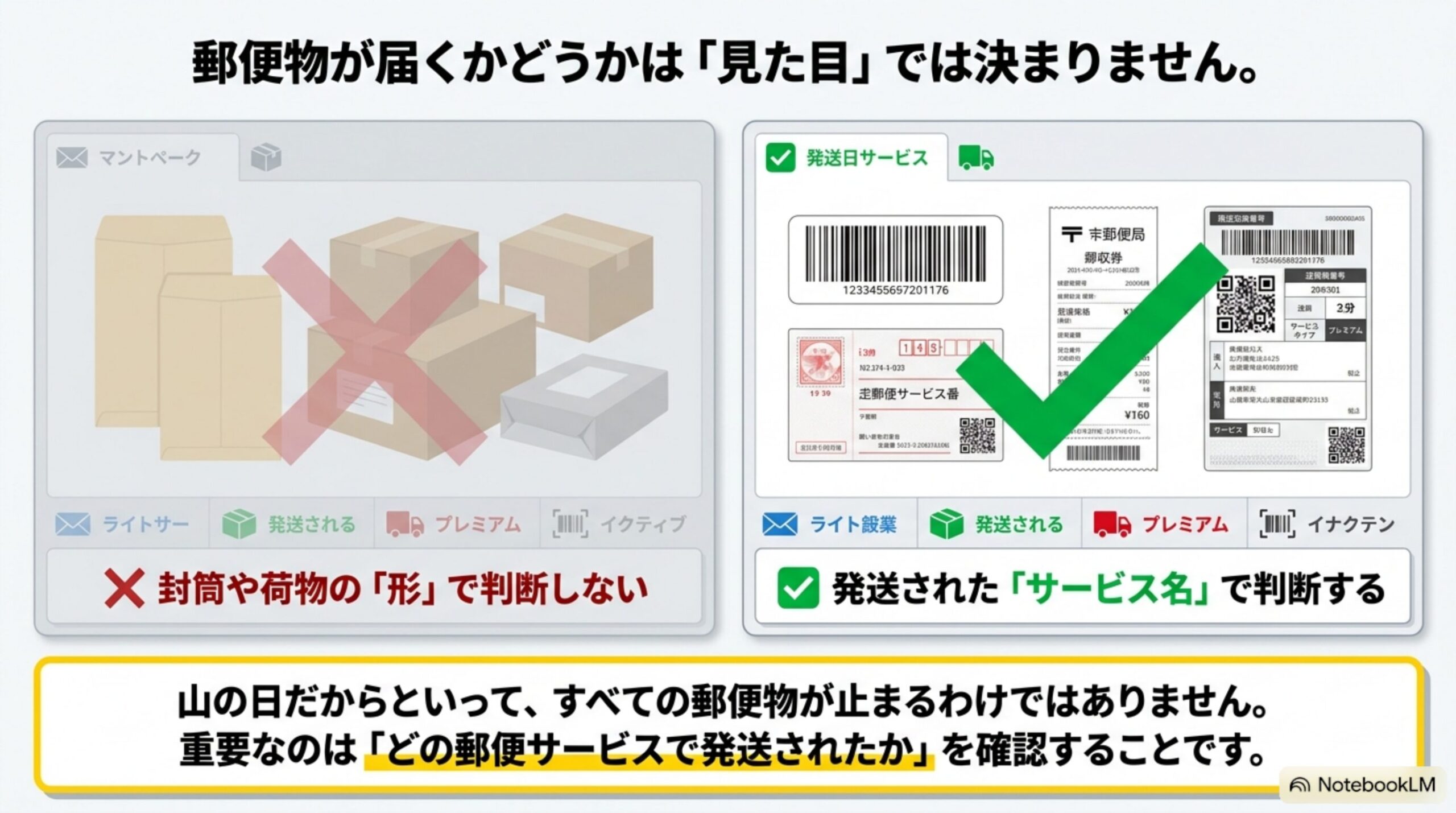 郵便物が届くかどうかは見た目では決まらない。封筒や荷物の形ではなく発送されたサービス名で判断するという図解