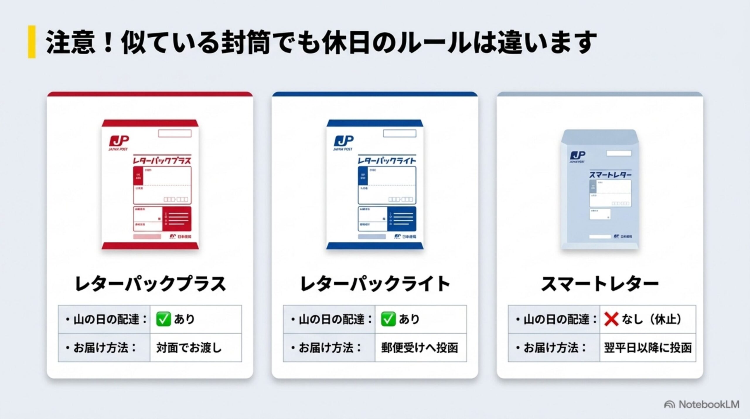 レターパックプラス、レターパックライト、スマートレターの封筒比較。山の日の配達有無とお届け方法の違いを示すカード