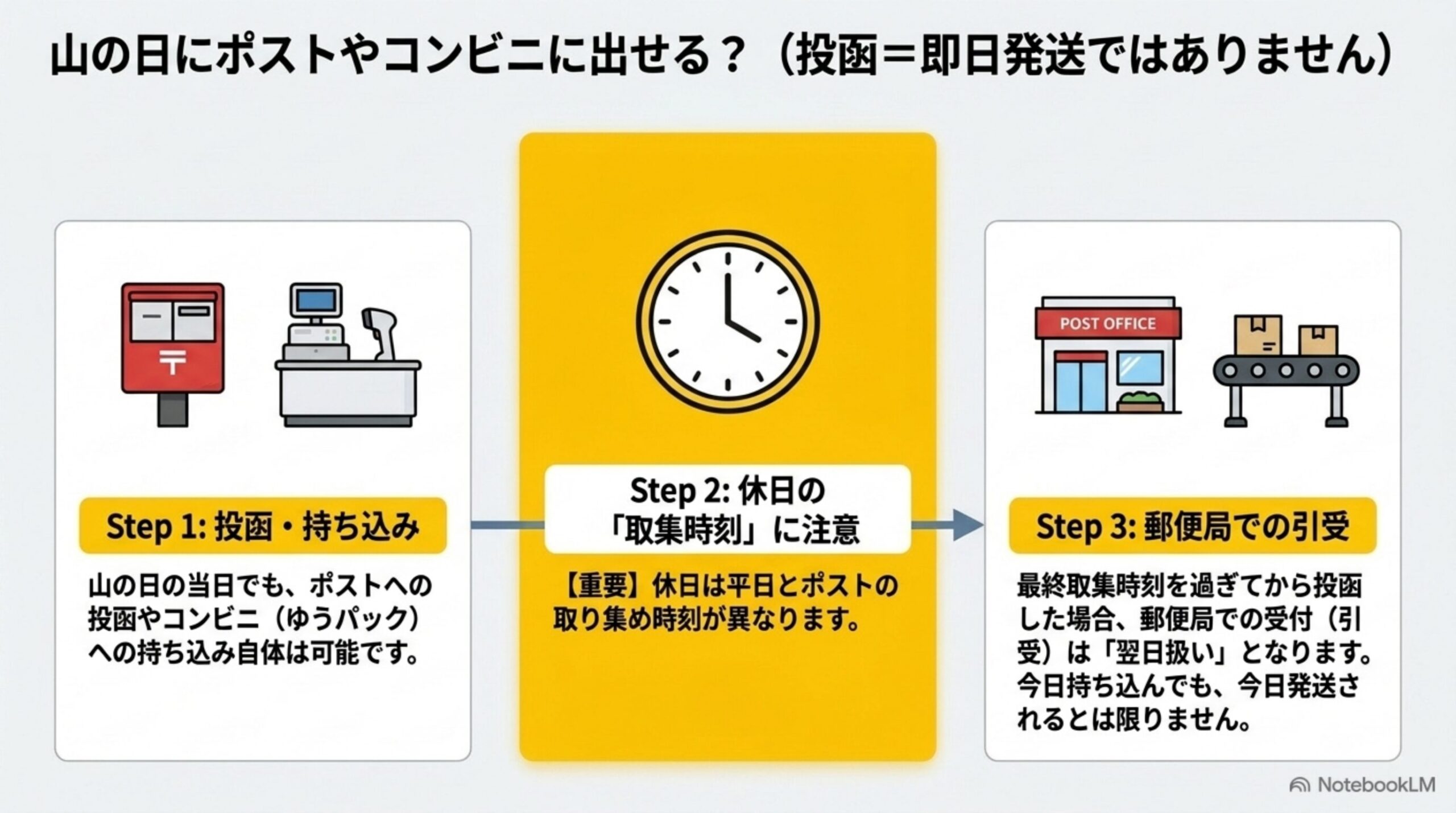 山の日にポストやコンビニに出せるかを示す図解。投函・持ち込みはできるが、休日の取集時刻に注意が必要で郵便局での引受は翌日扱いになる場合があるという3ステップ